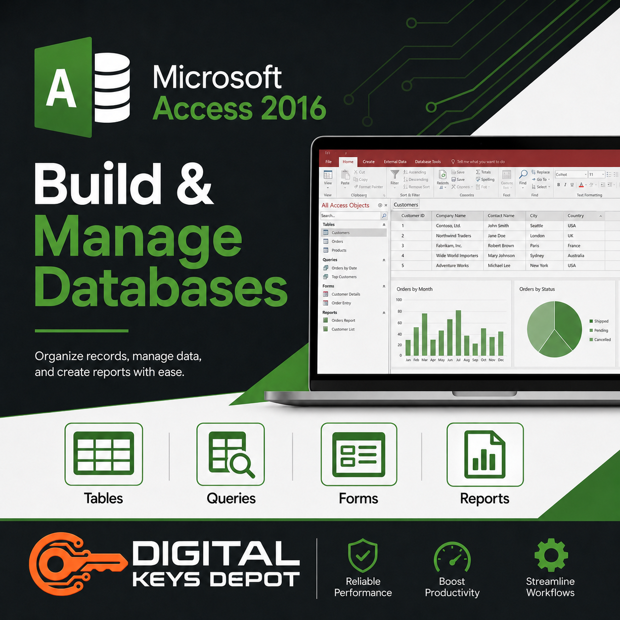 Access 2016 database management tool for tables queries forms and reports