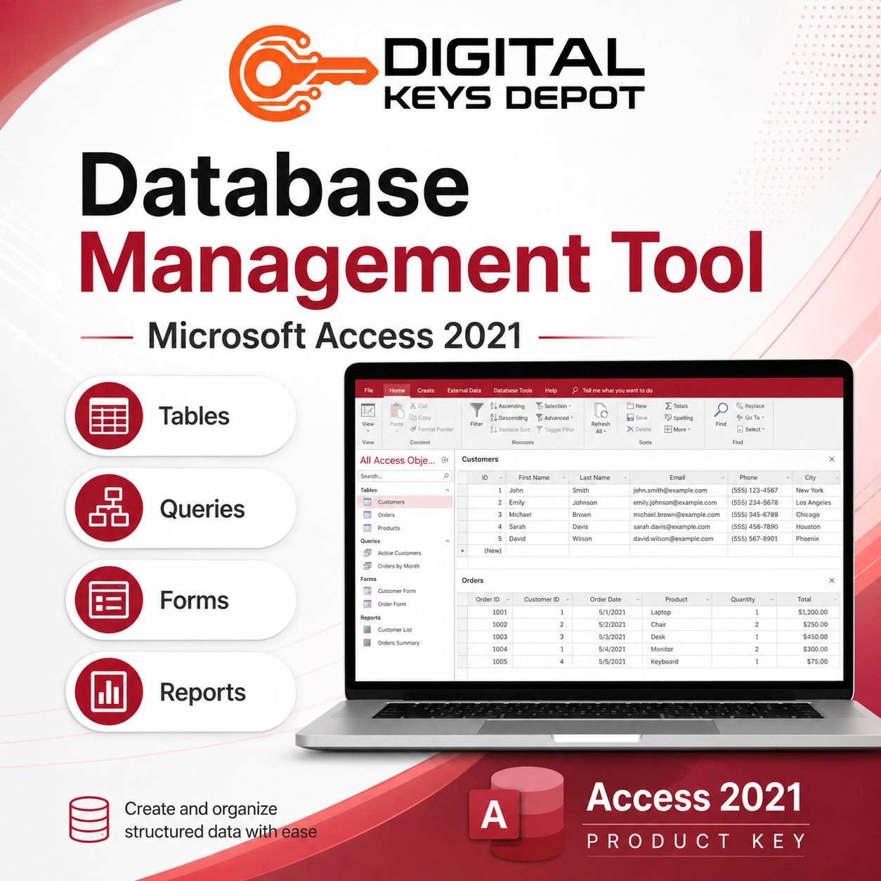 Access 2021 database management tool for tables queries forms and reports
