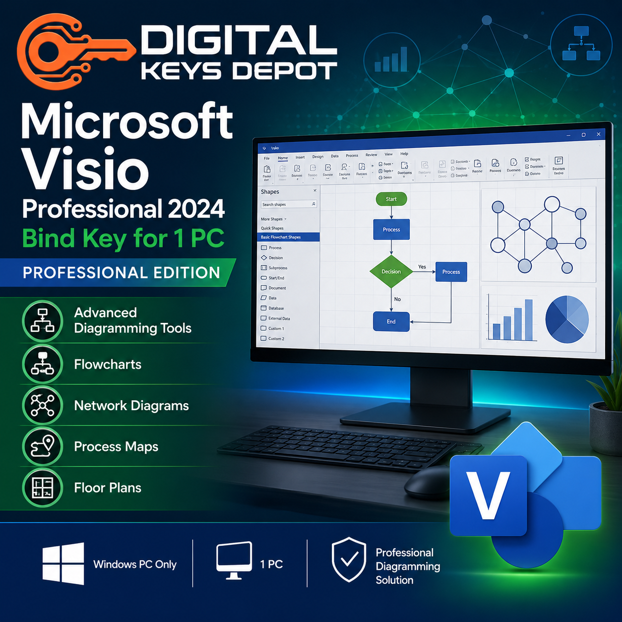 Microsoft Visio Professional 2024 advanced diagramming software for 1 Windows PC