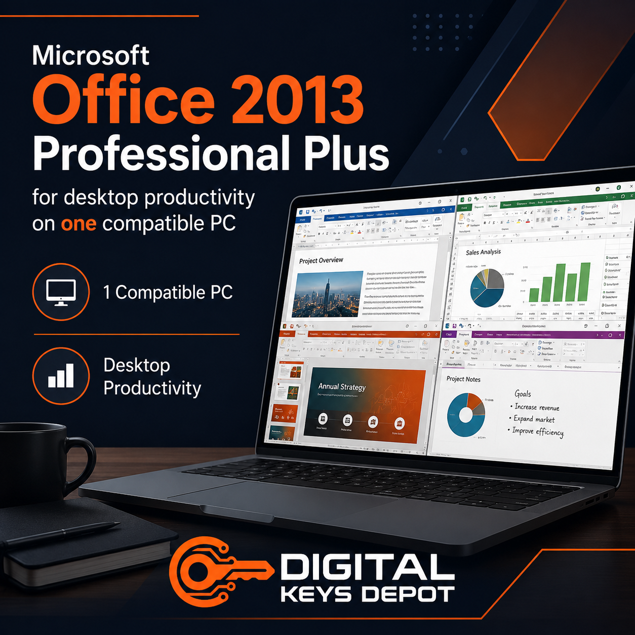 Microsoft Office 2013 Professional Plus for desktop productivity on one compatible PC