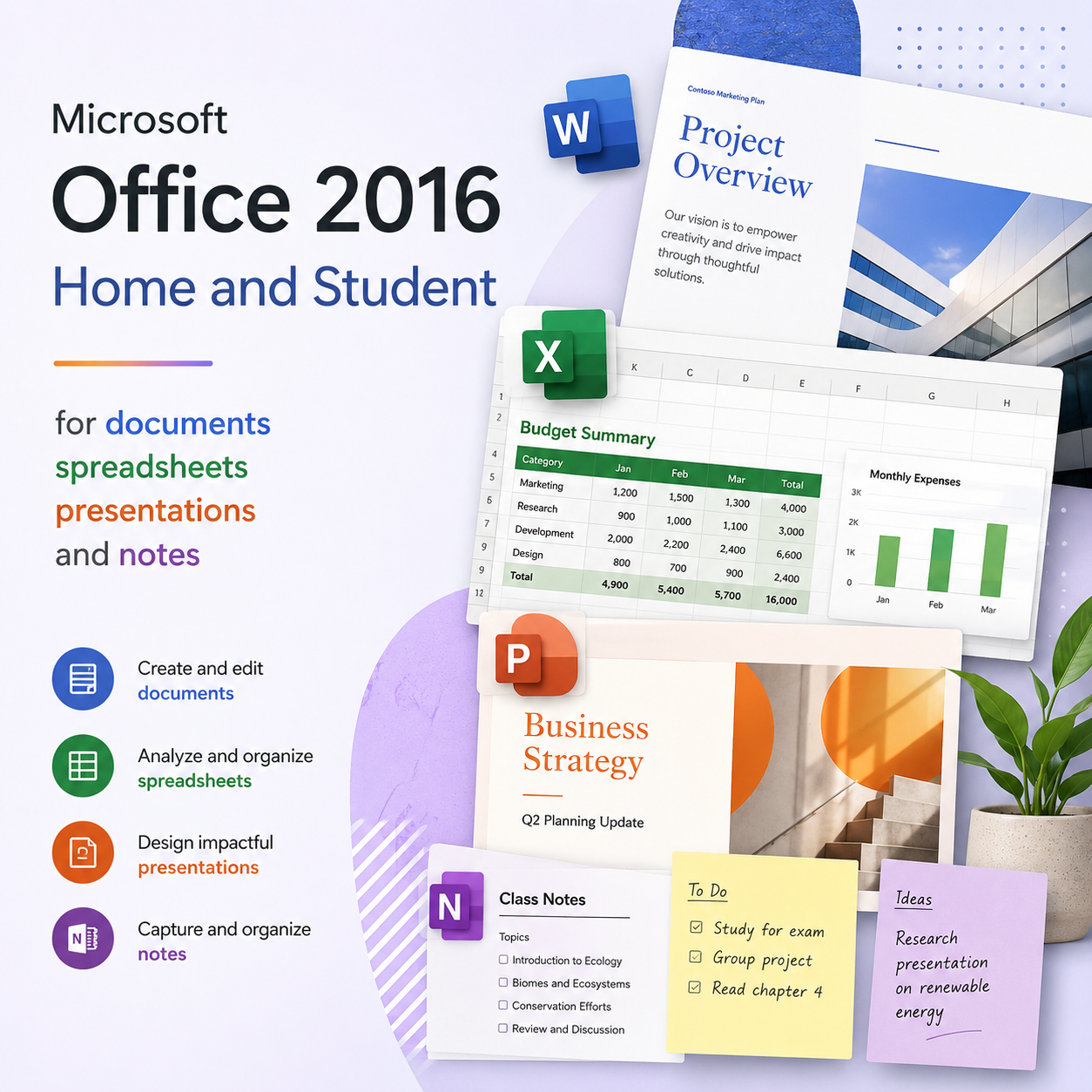 Microsoft Office 2016 Home and Student for documents spreadsheets presentations and notes