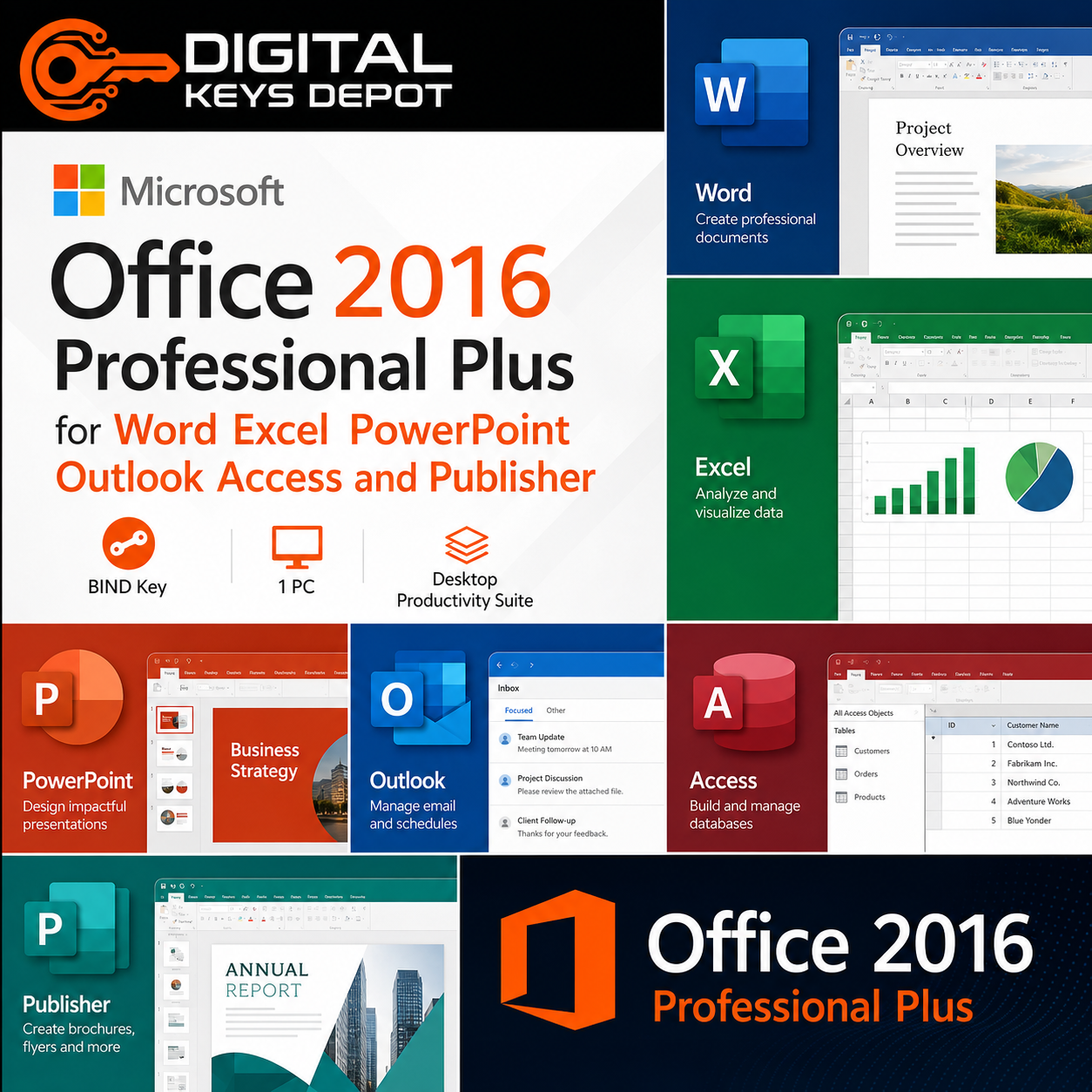 Microsoft Office 2016 Professional Plus for Word Excel PowerPoint Outlook Access and Publisher (BIND Key)