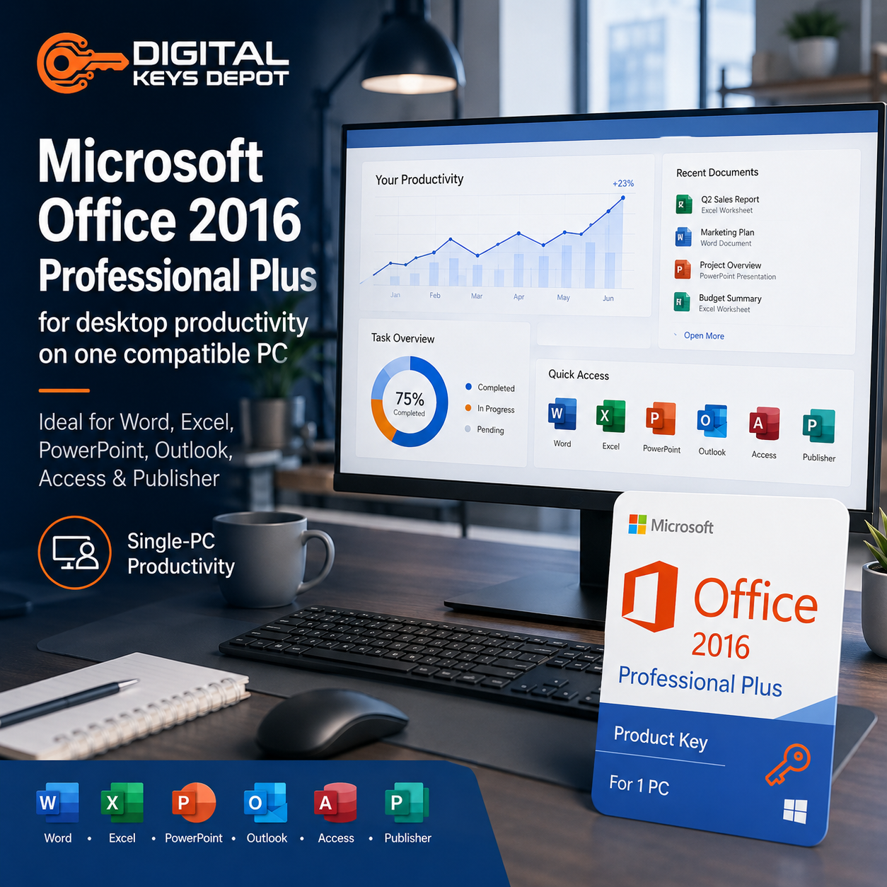 Microsoft Office 2016 Professional Plus for desktop productivity on one compatible PC