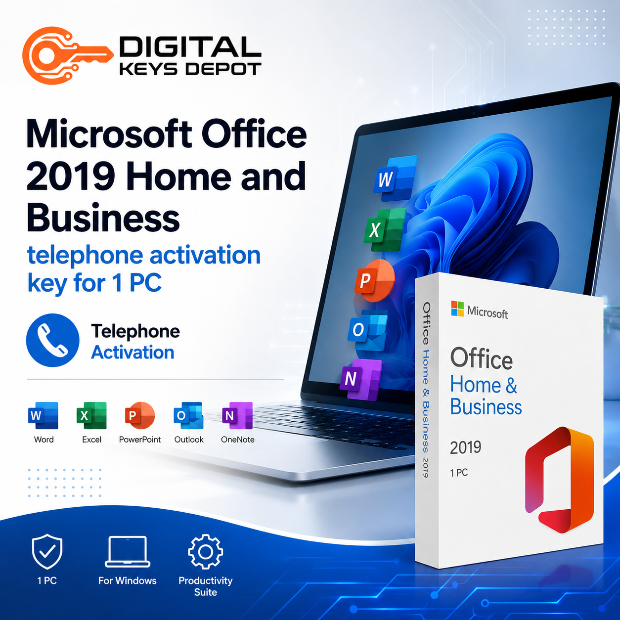 Microsoft Office 2019 Home and Business telephone activation key for 1 PC