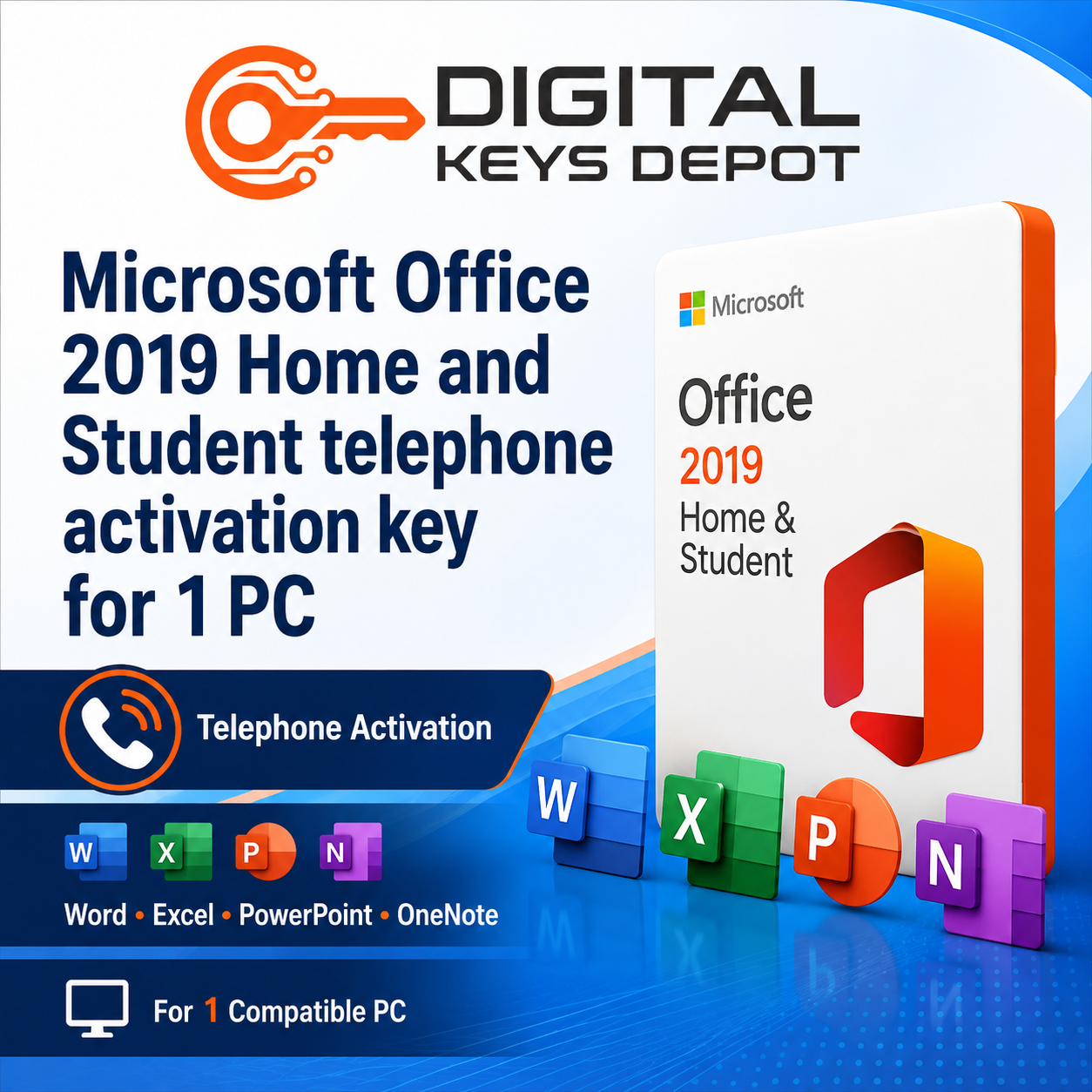 Microsoft Office 2019 Home and Student telephone activation key for 1 PC