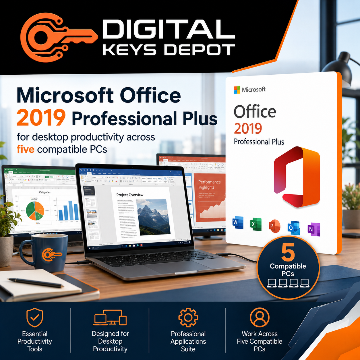 Microsoft Office 2019 Professional Plus for desktop productivity across five compatible PCs
