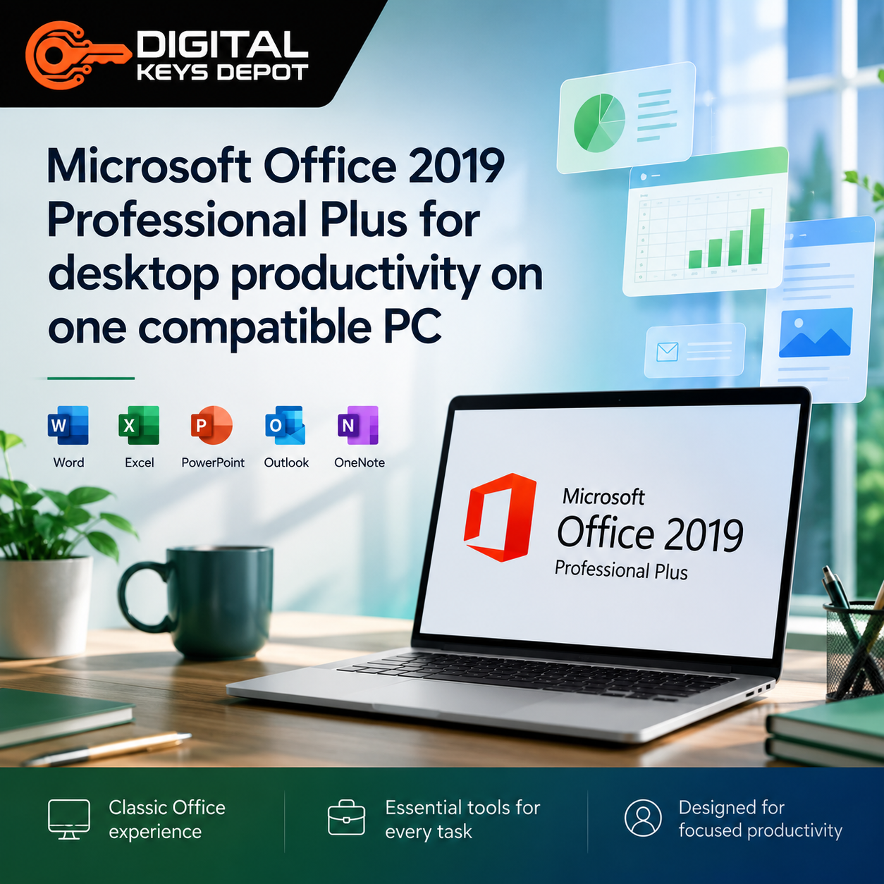 Microsoft Office 2019 Professional Plus for desktop productivity on one compatible PC