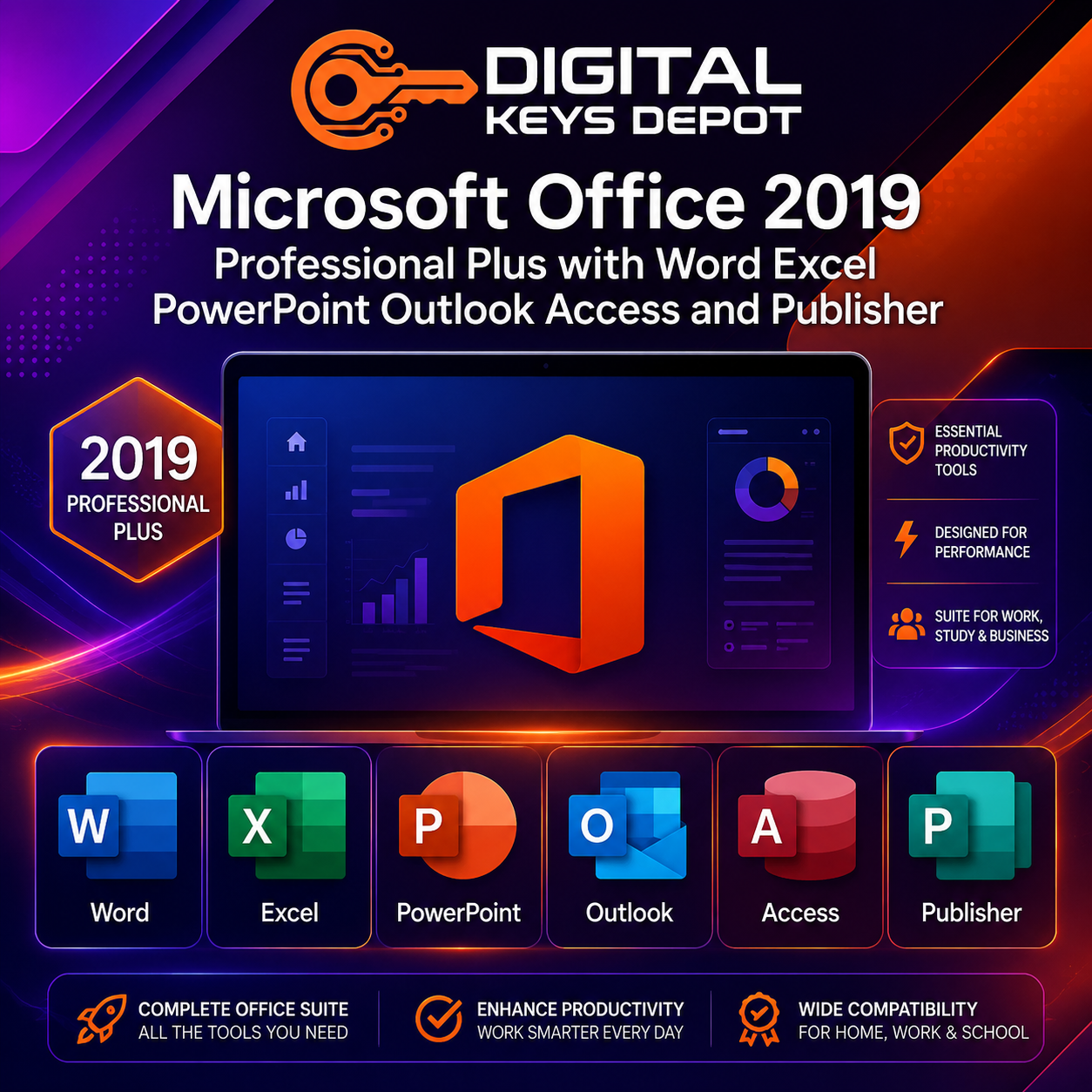 Microsoft Office 2019 Professional Plus with Word Excel PowerPoint Outlook Access and Publisher (BIND Key)