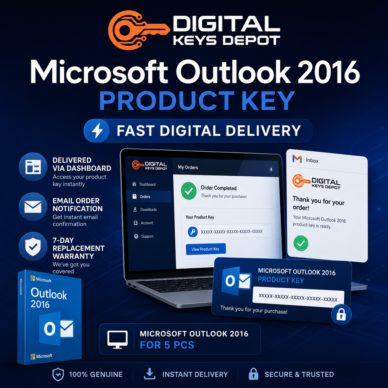 Microsoft Outlook 2016 digital delivery and 7-day replacement warranty