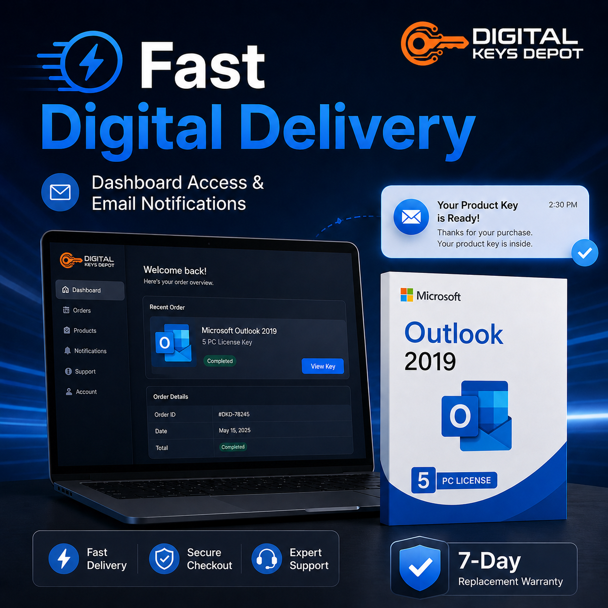Microsoft Outlook 2019 digital delivery and 7-day replacement warranty