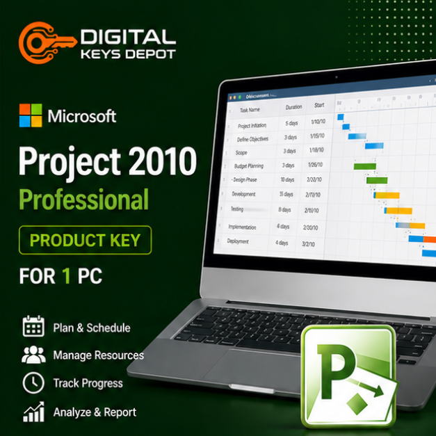 Microsoft Project 2010 Professional for 1 PC showing Gantt chart on laptop