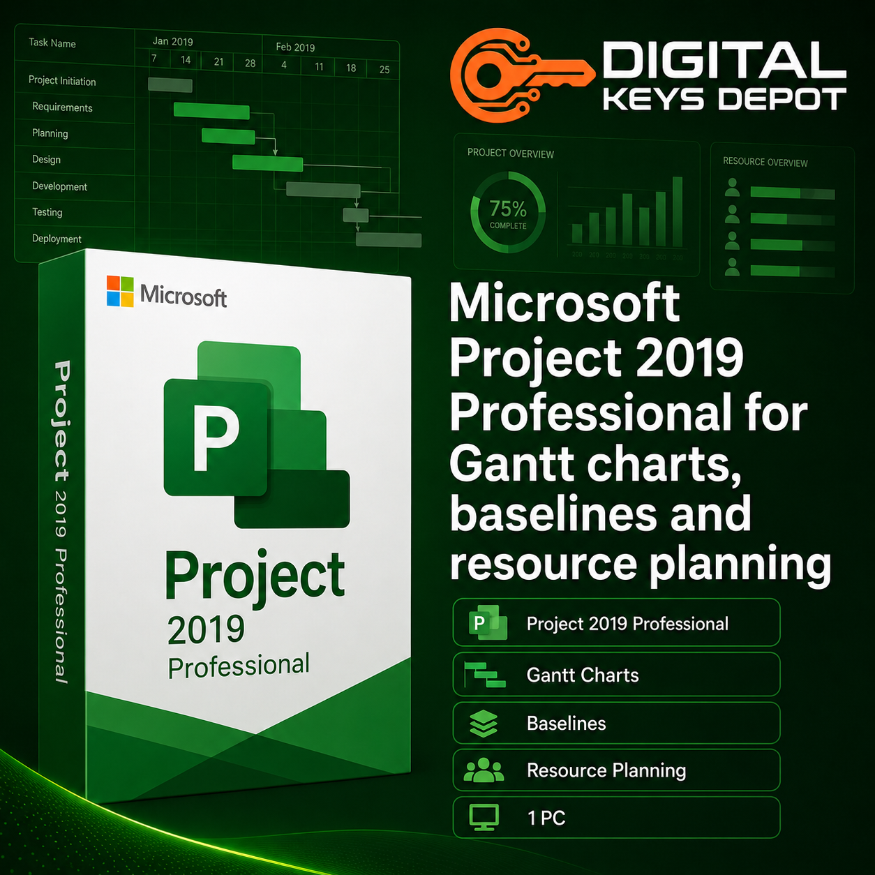 Microsoft Project 2019 Professional for Gantt charts baselines and resource planning