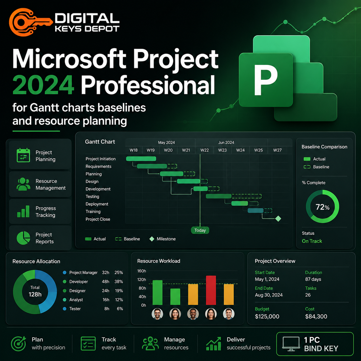 Microsoft Project 2024 Professional for Gantt charts baselines and resource planning