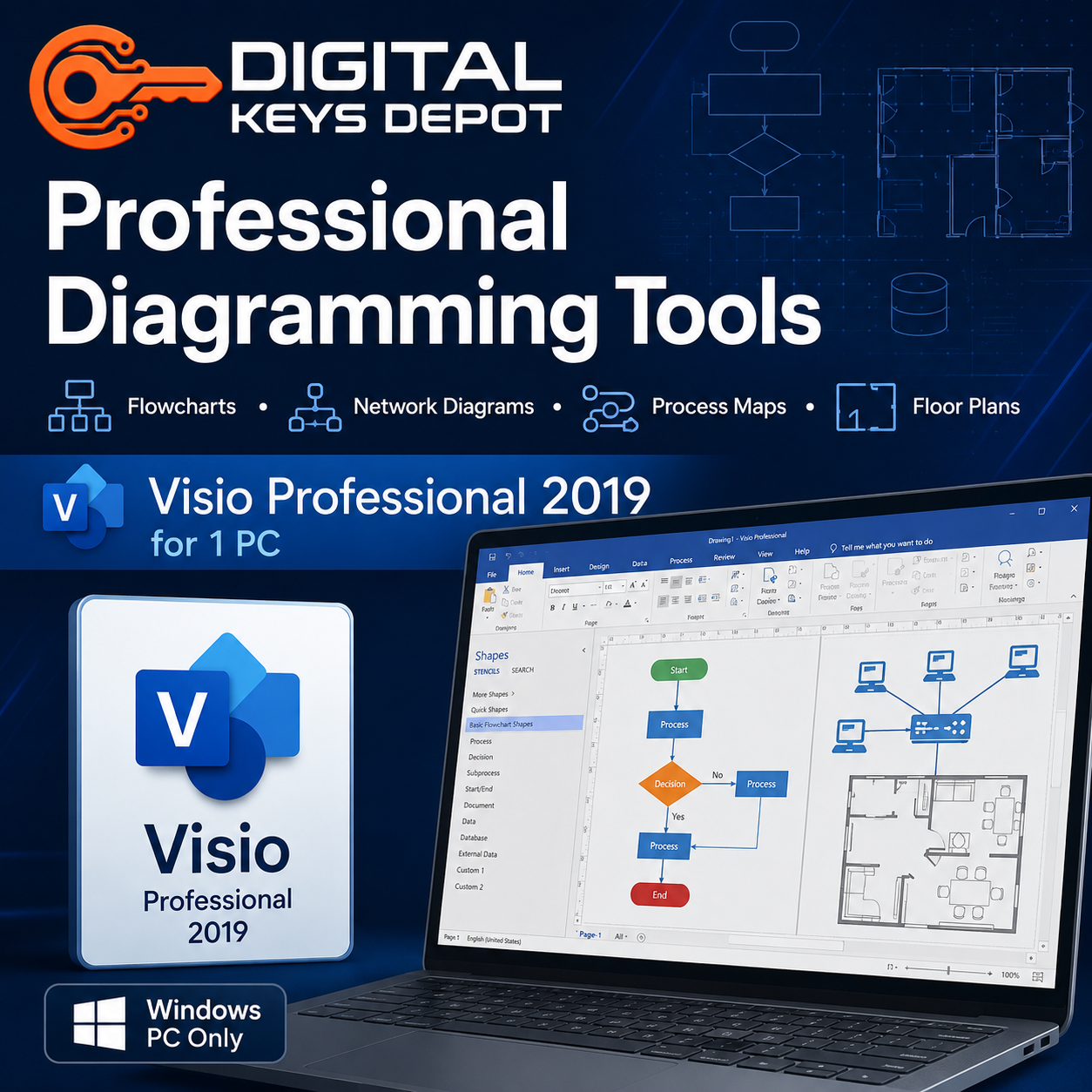 Microsoft Visio Professional 2019 technical diagramming software for 1 Windows PC