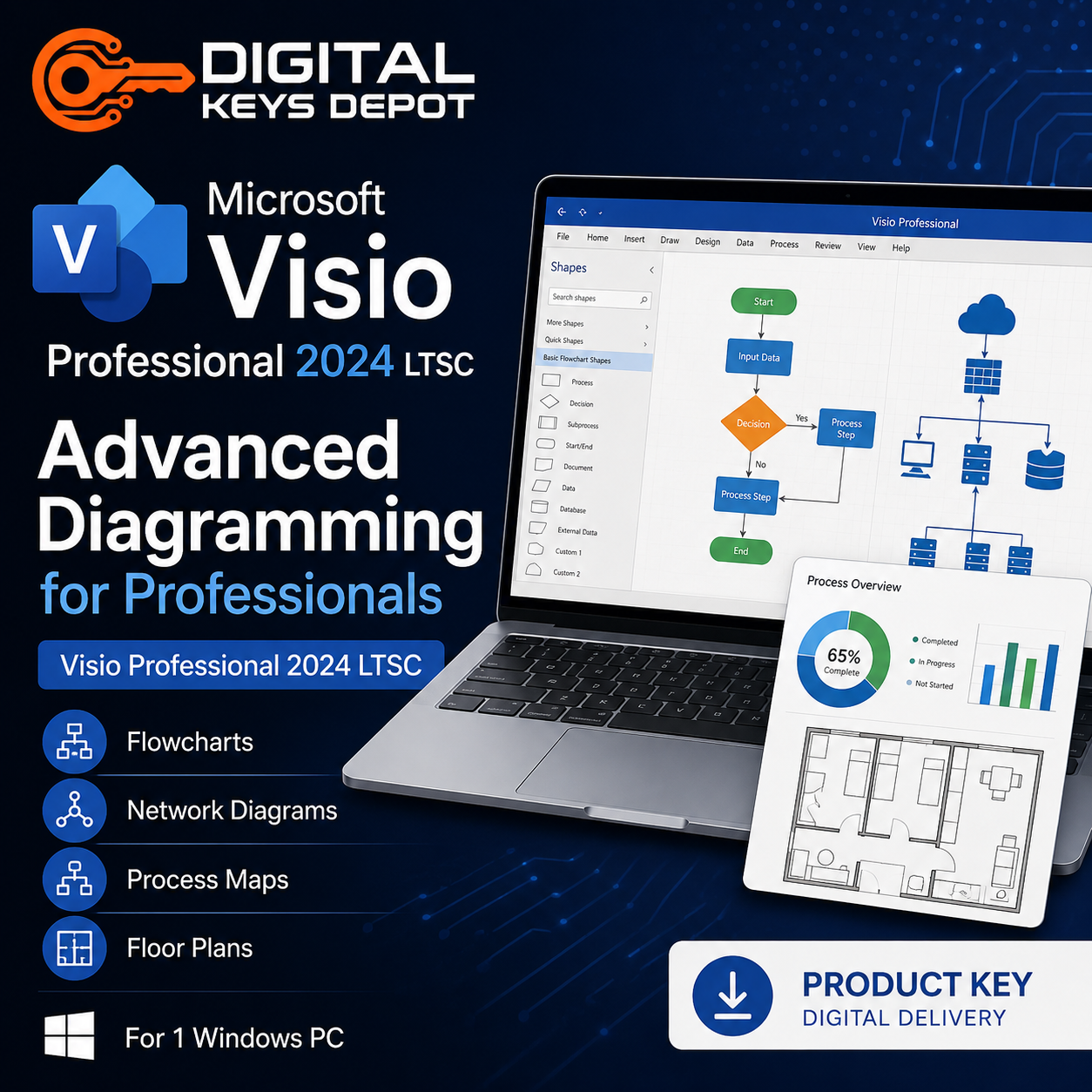Microsoft Visio Professional 2024 LTSC professional diagramming software for 1 Windows PC