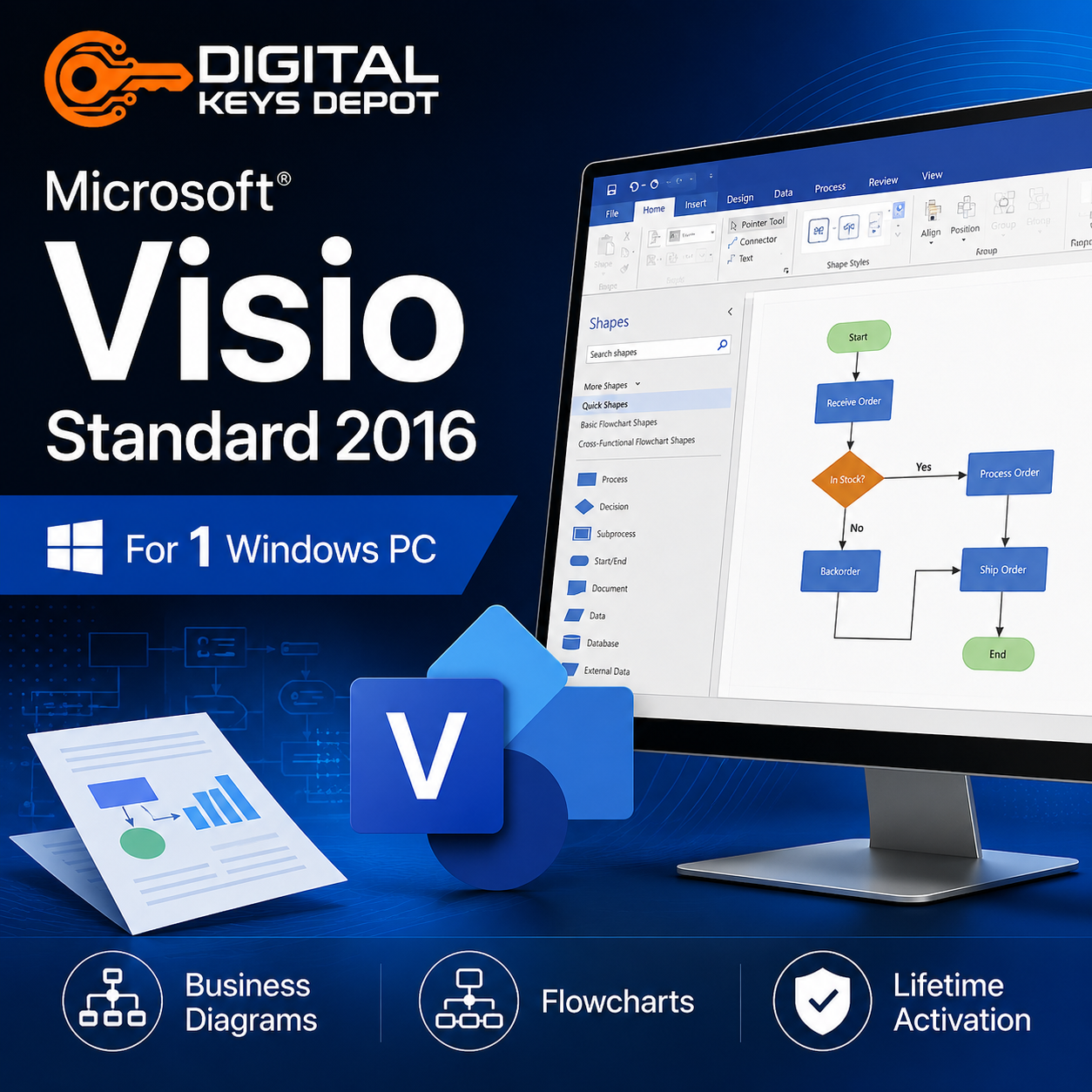 Microsoft Visio Standard 2016 visual documentation software for 1 Windows PC