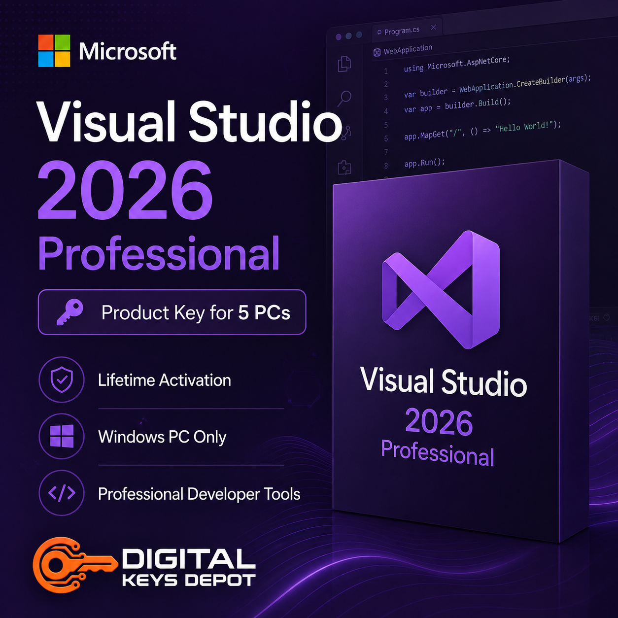 Microsoft Visual Studio 2026 Professional Product Key for 5 Windows PCs