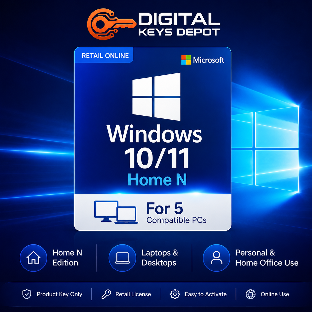 Microsoft Windows 10/11 Home N Product Key Retail Online for 5 compatible PCs Microsoft Windows 10/11 Home N Product Key Retail Online for 5 compatible PCs