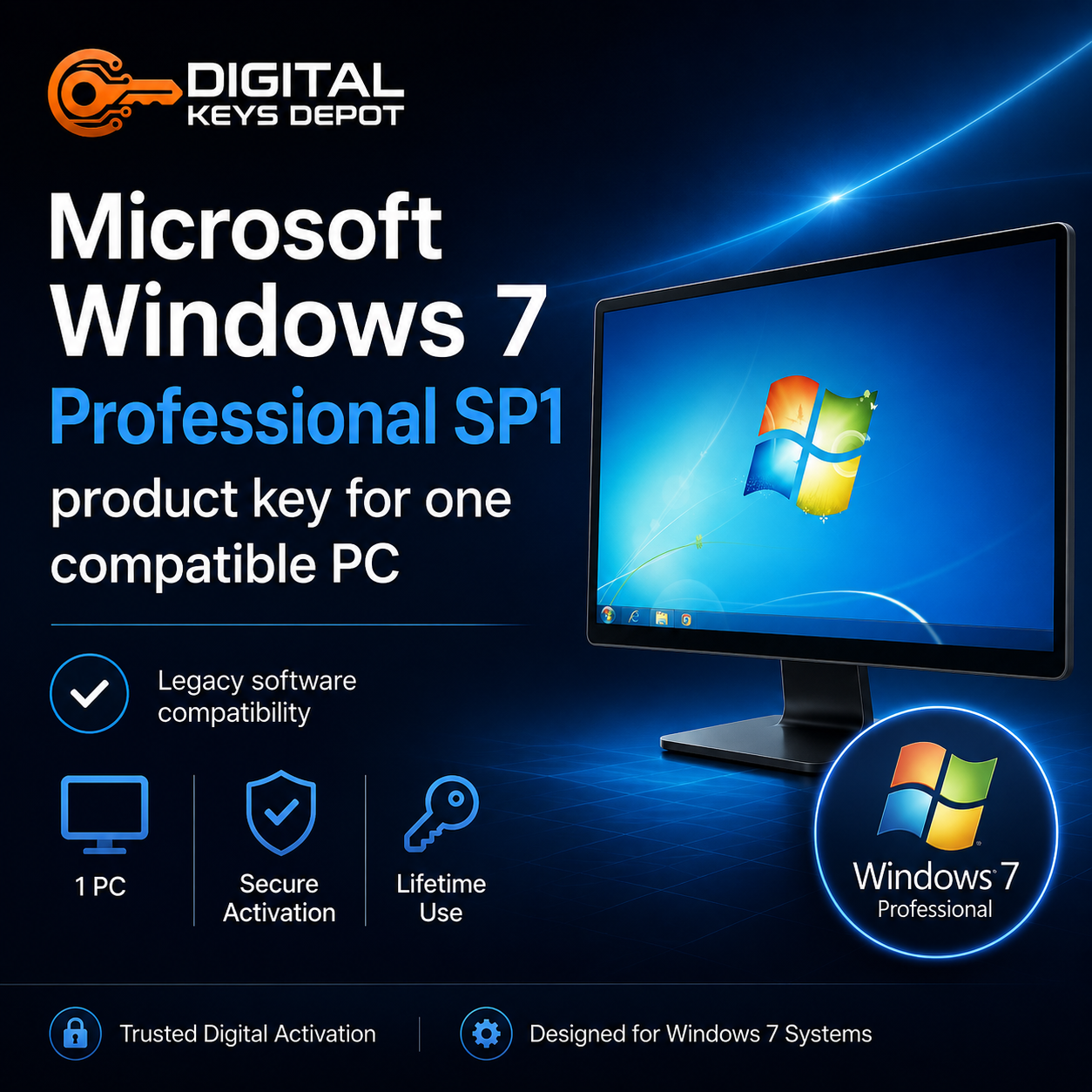 Microsoft Windows 7 Professional SP1 product key for one compatible PC