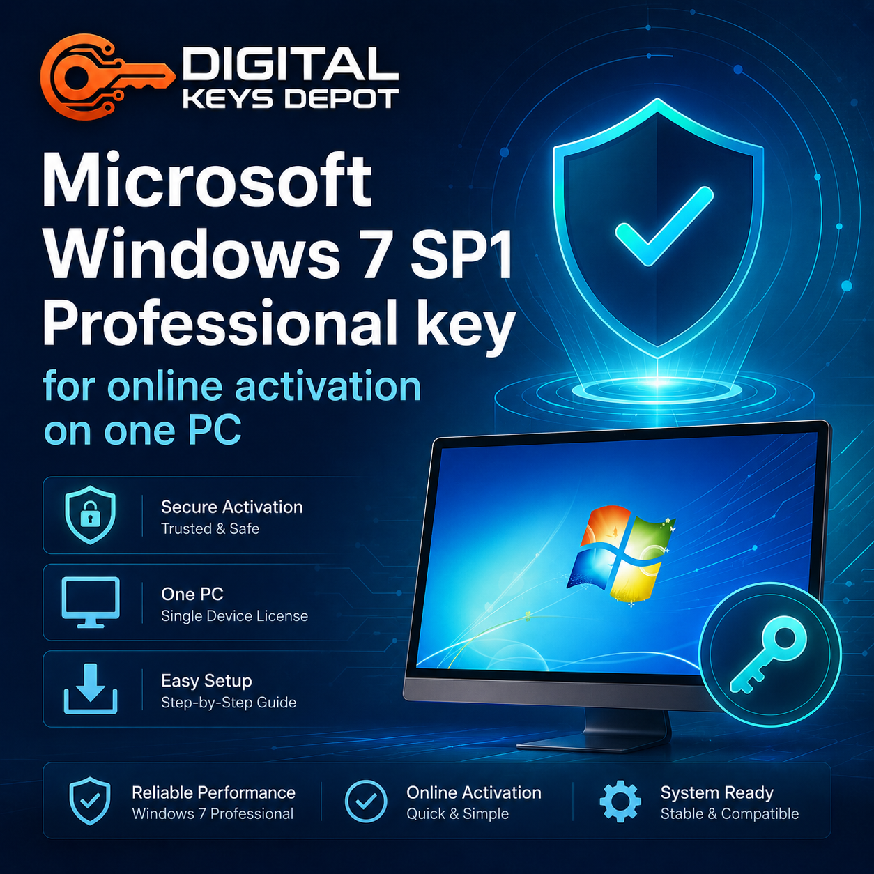 Microsoft Windows 7 SP1 Professional key for online activation on one PC