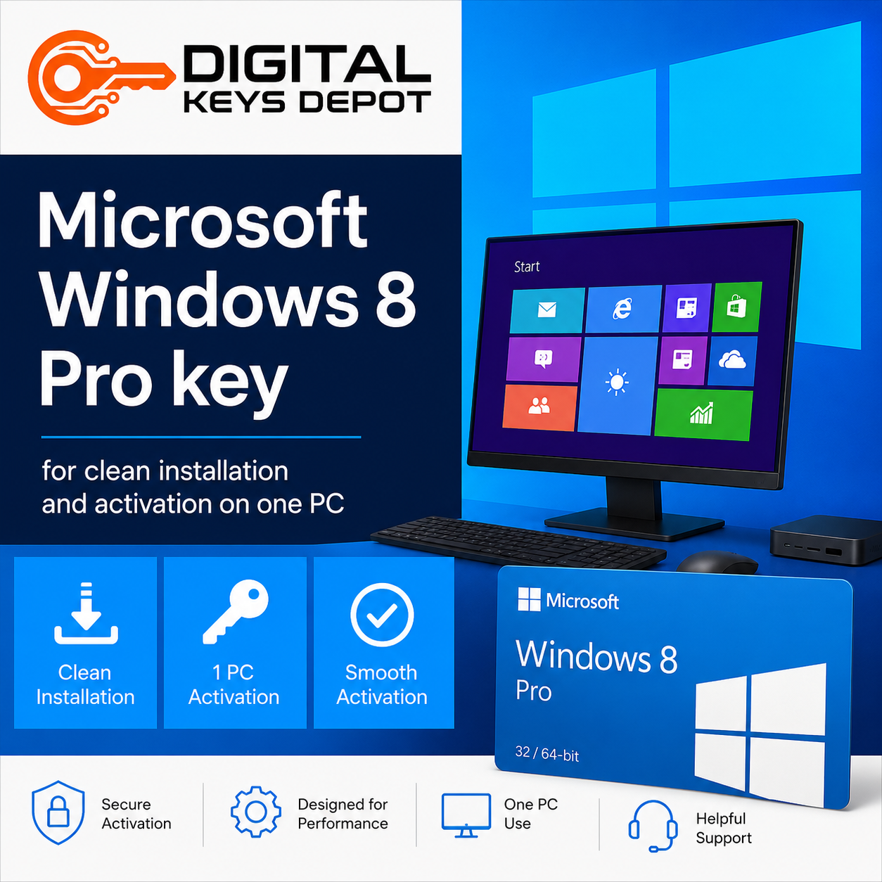 Microsoft Windows 8 Pro key for clean installation and activation on one PC
