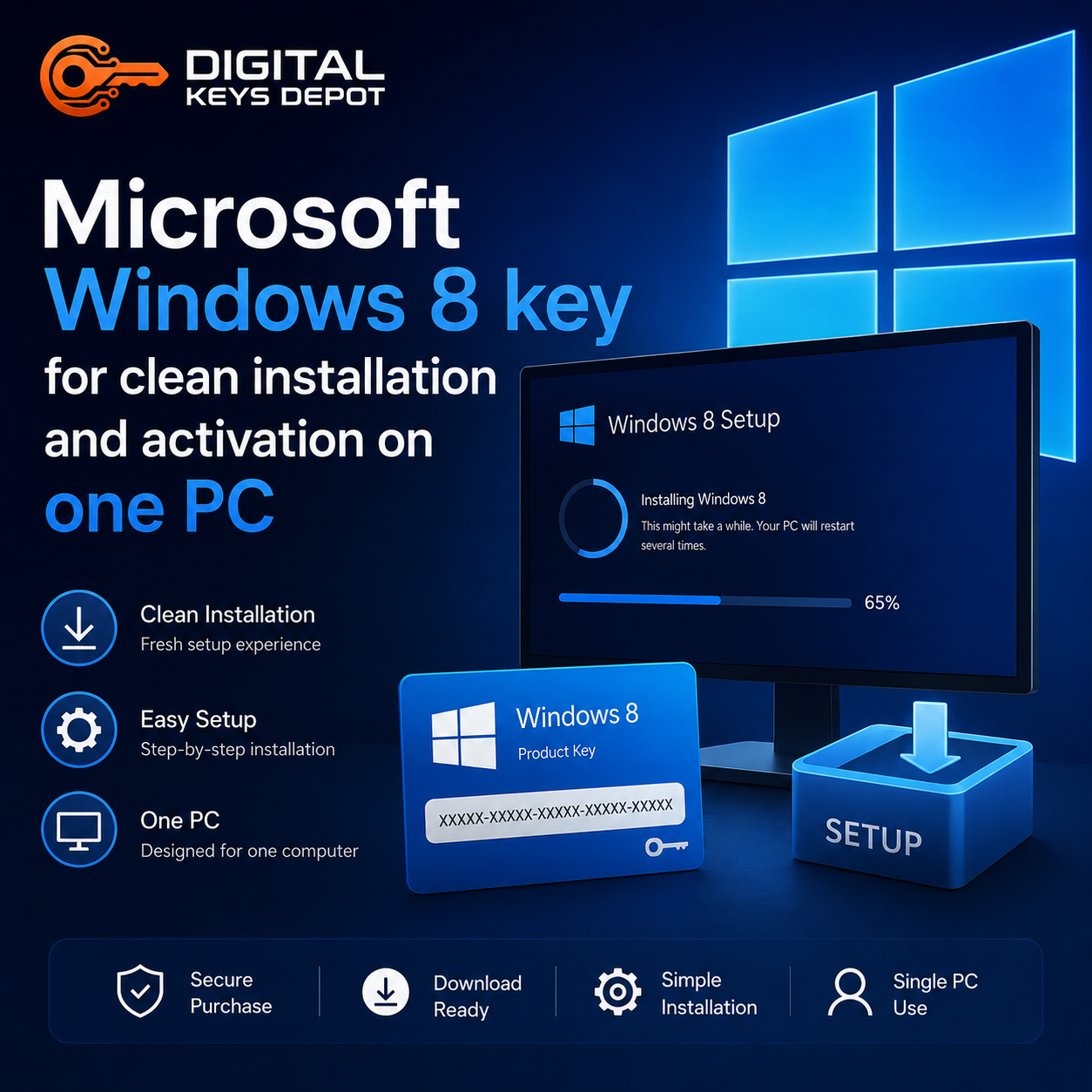 Microsoft Windows 8 key for clean installation and activation on one PC