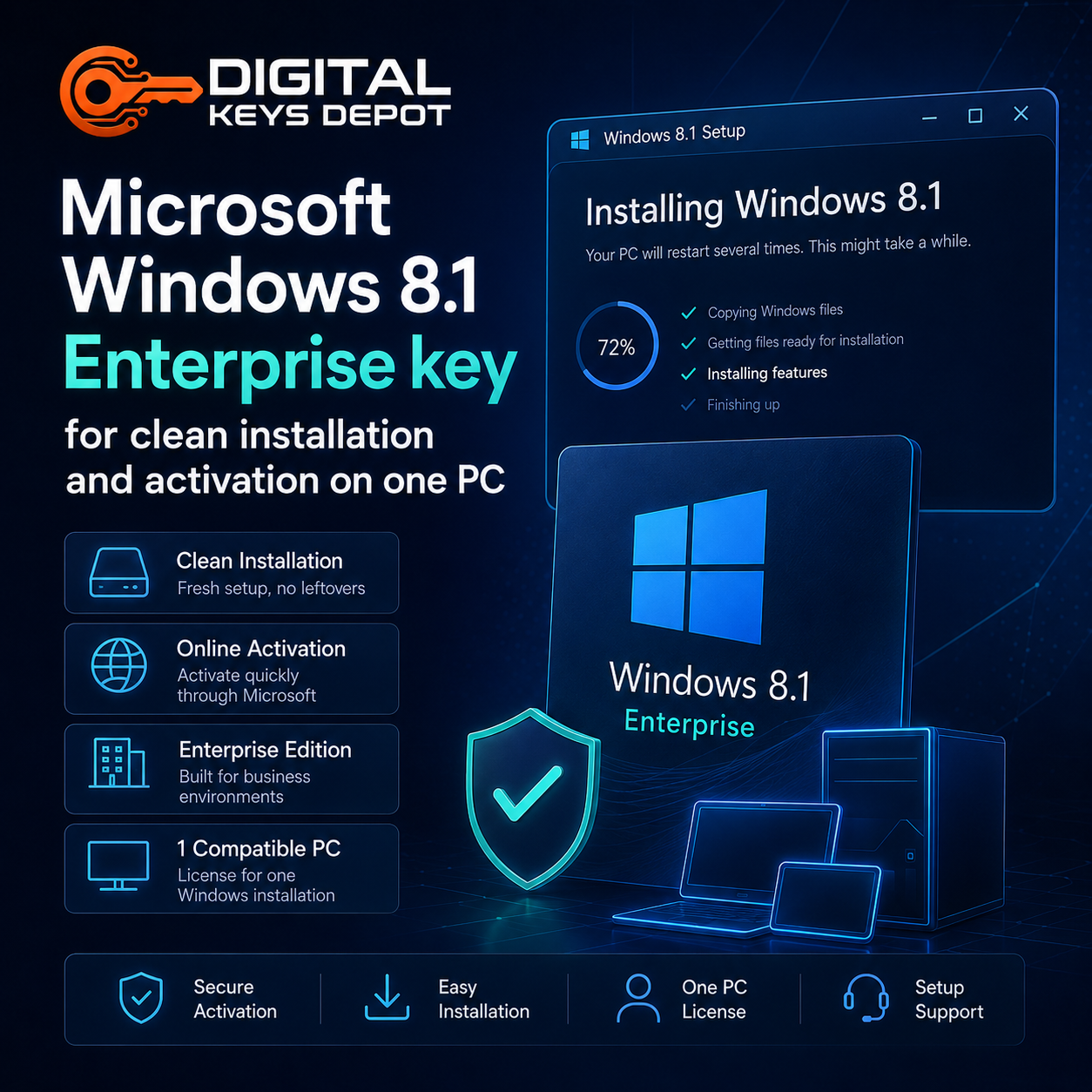 Microsoft Windows 8.1 Enterprise key for clean installation and activation on one PC