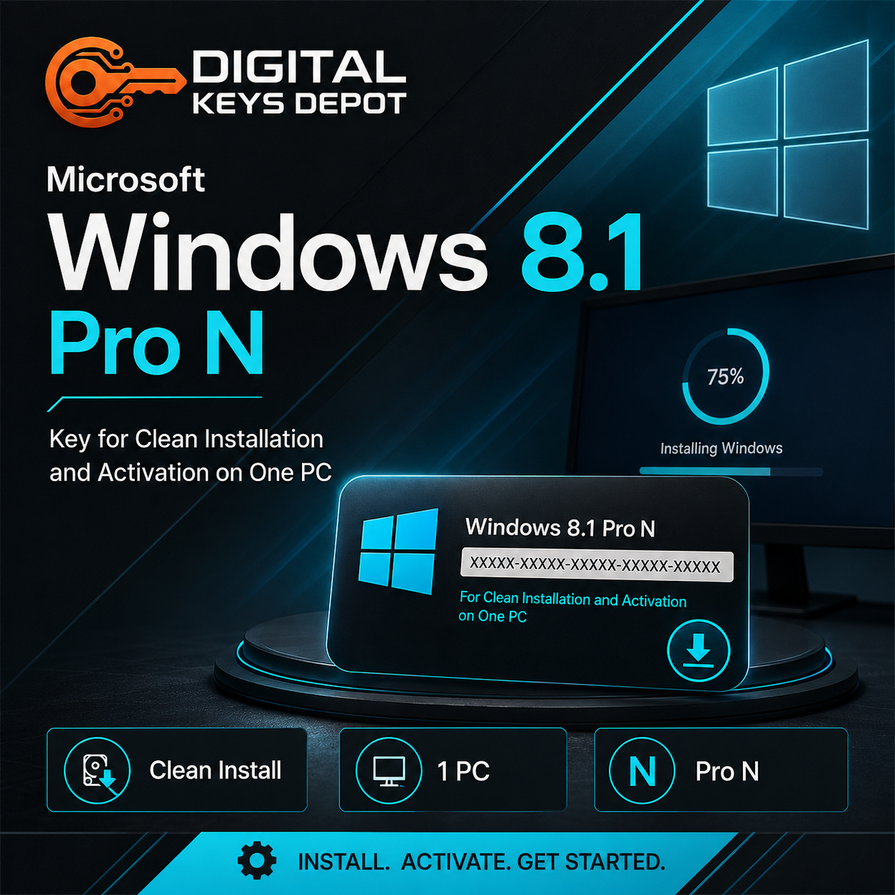 Microsoft Windows 8.1 Pro N key for clean installation and activation on one PC