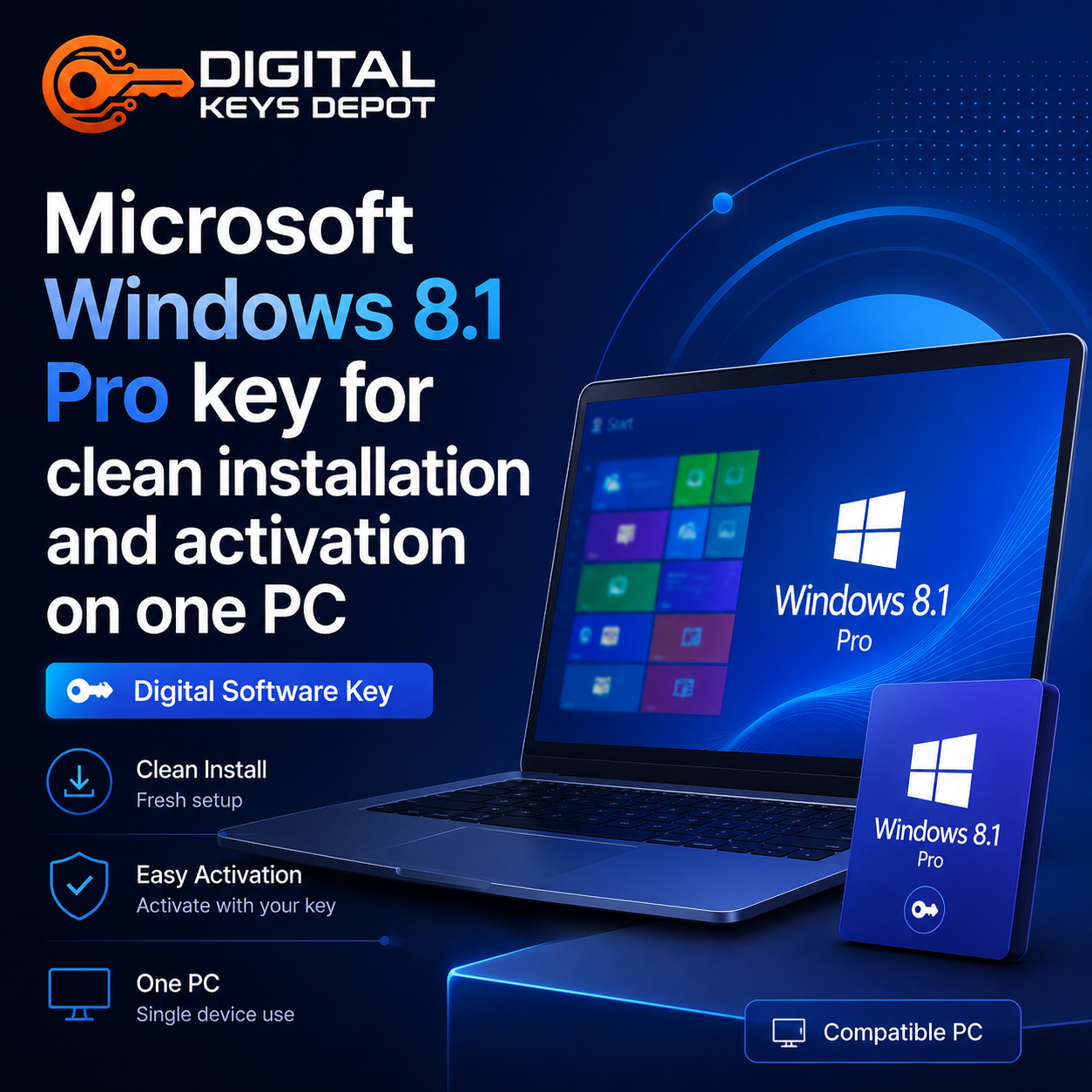 Microsoft Windows 8.1 Pro key for clean installation and activation on one PC