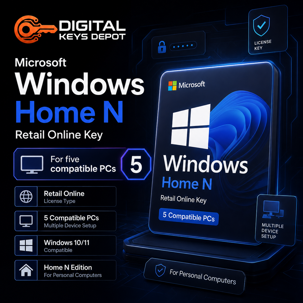 Microsoft Windows Home N Retail Online key for five compatible PCs Microsoft Windows Home N Retail Online key for five compatible PCs