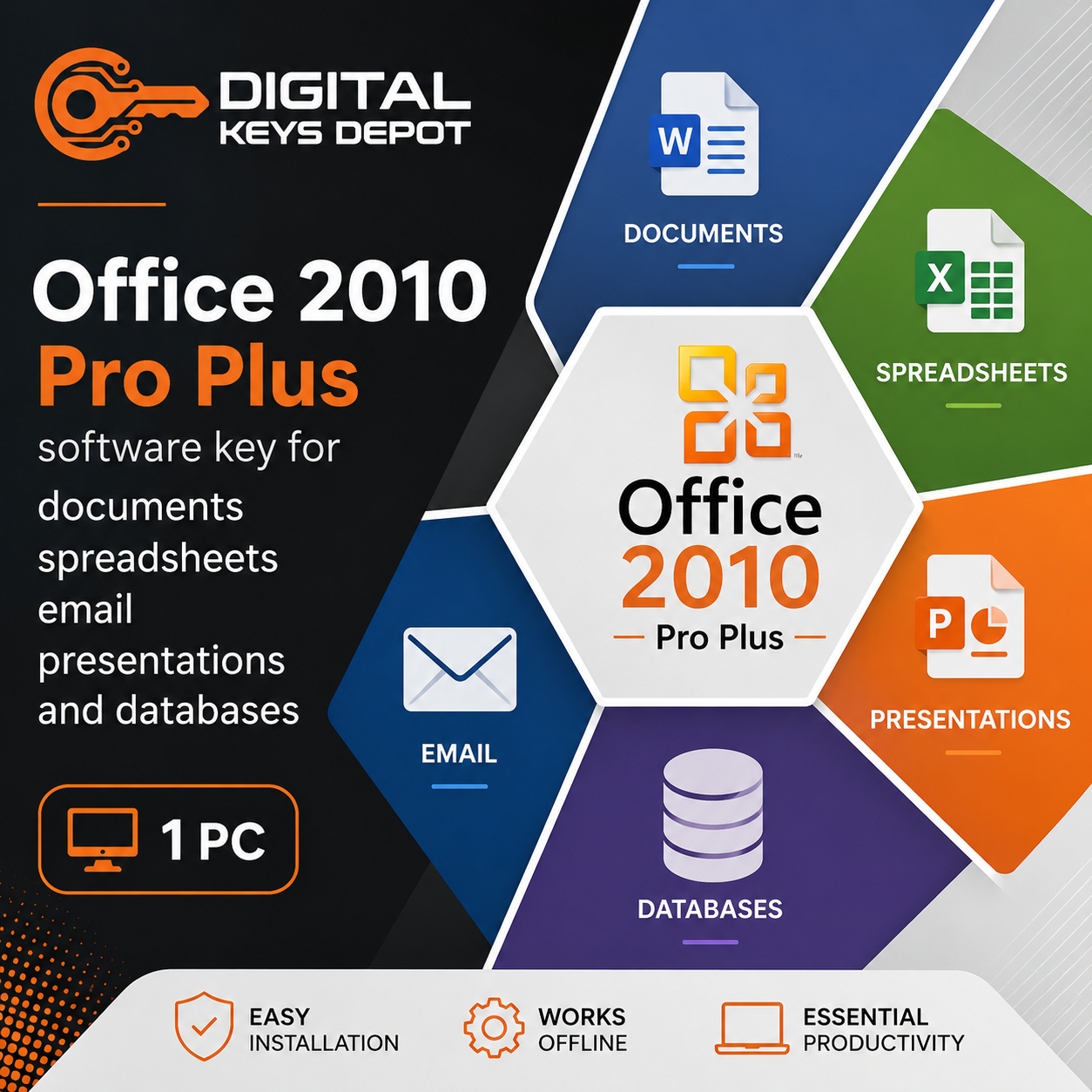 Office 2010 Pro Plus software key for documents spreadsheets email presentations and databases (1 PC)