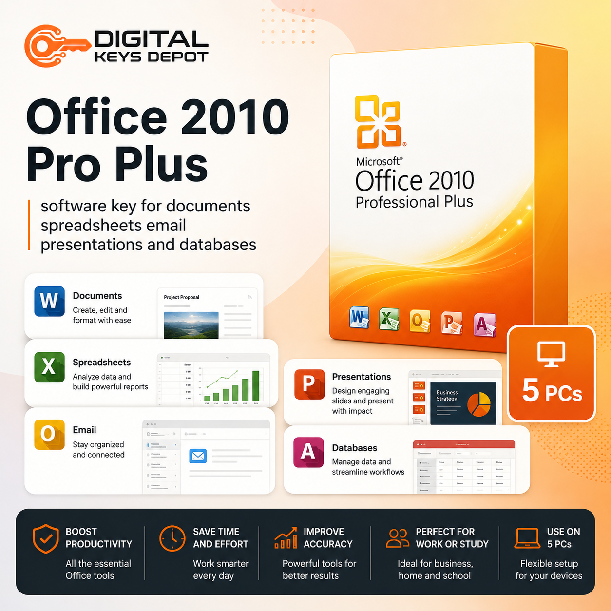 Office 2010 Pro Plus software key for documents spreadsheets email presentations and databases