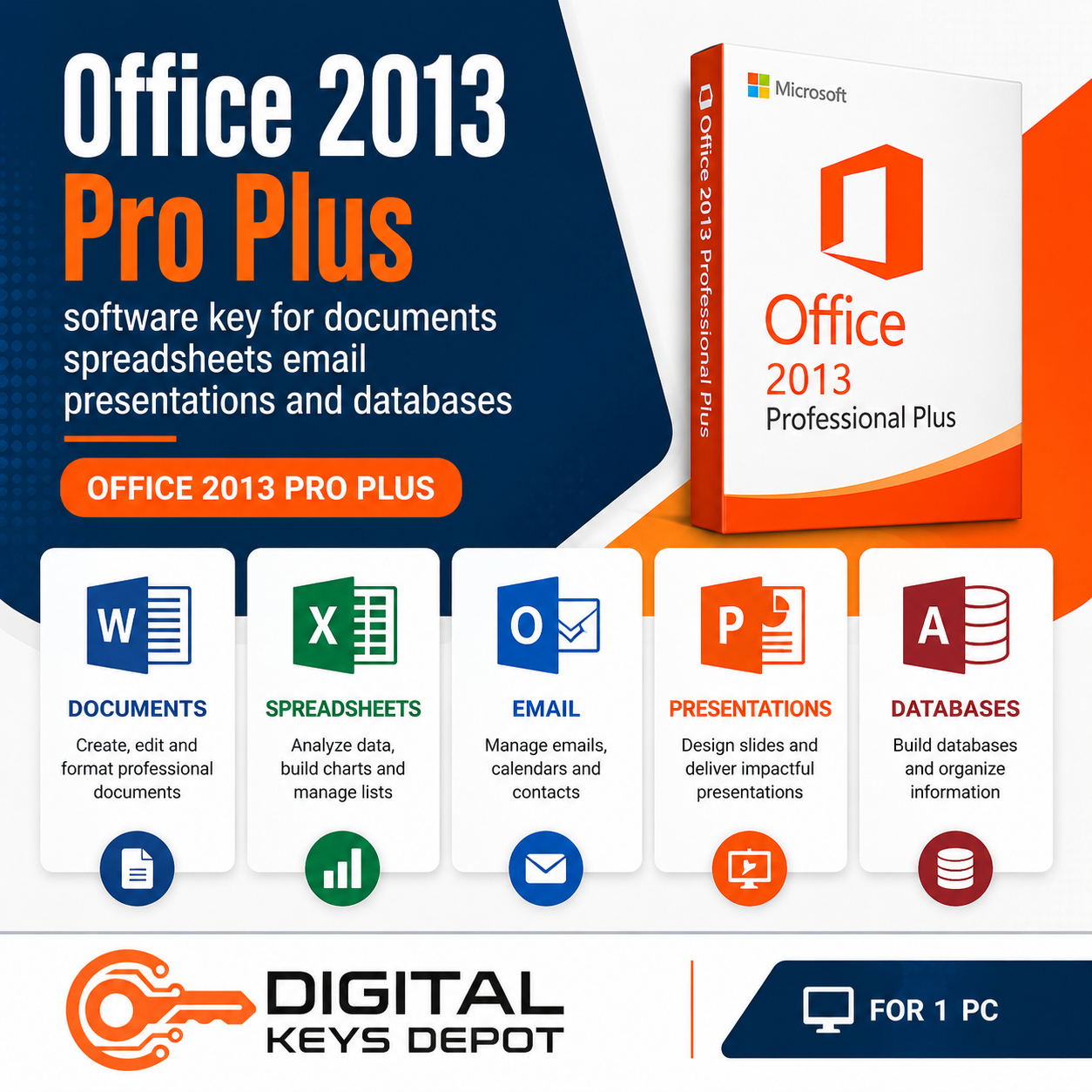 Office 2013 Pro Plus software key for documents spreadsheets email presentations and databases (1 PC)