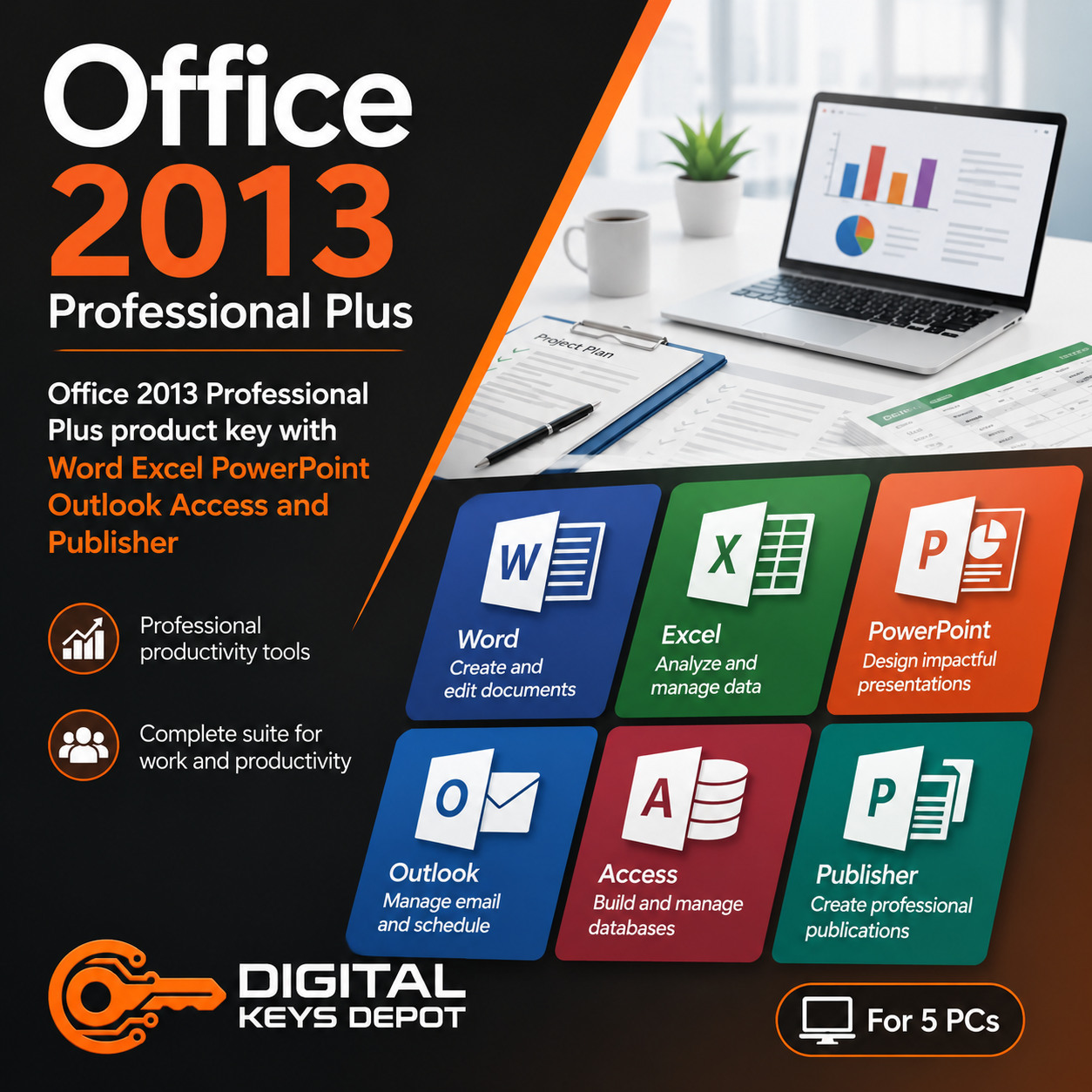 Office 2013 Professional Plus product key with Word Excel PowerPoint Outlook Access and Publisher (5 PC)