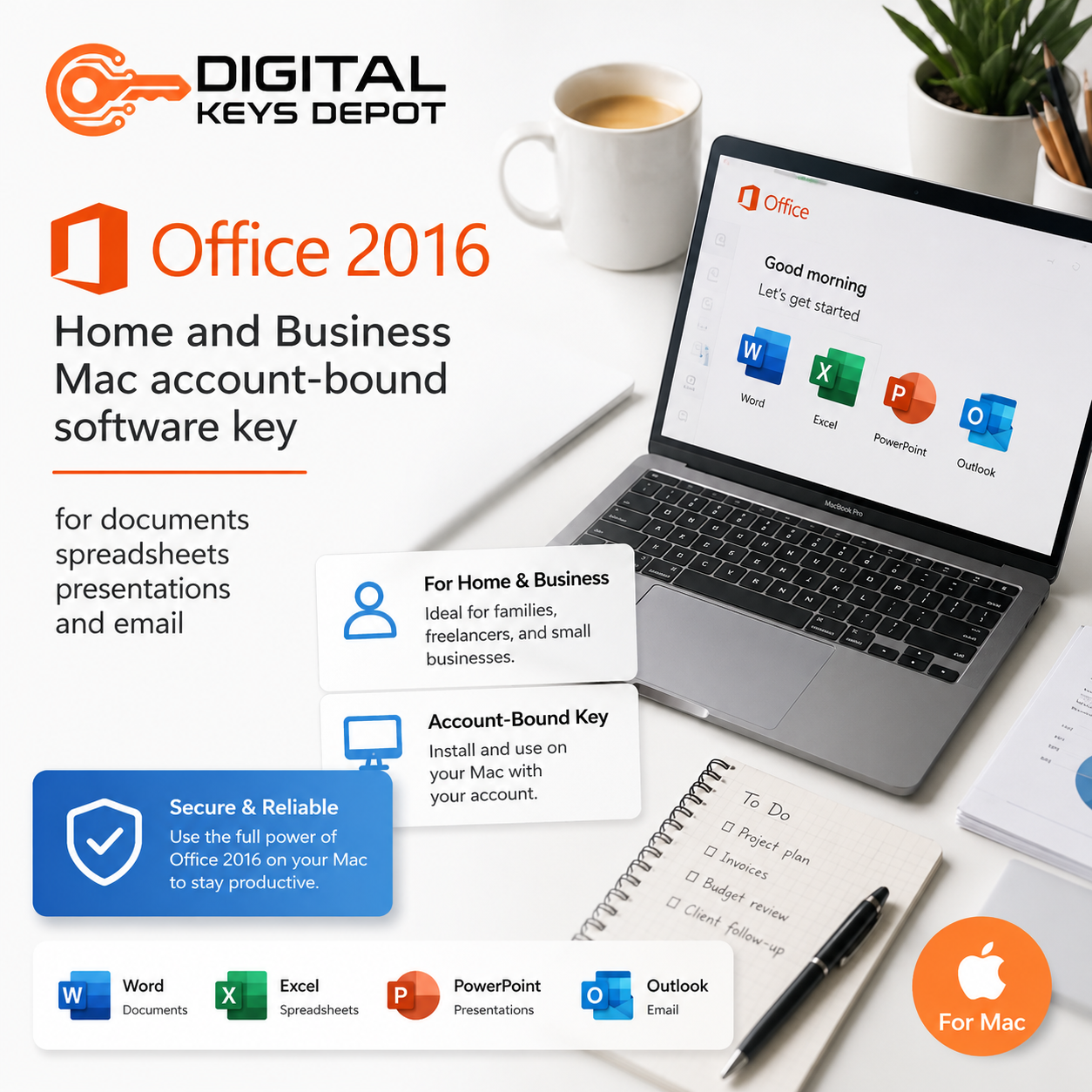 Office 2016 Home and Business Mac account-bound software key for documents spreadsheets presentations and email