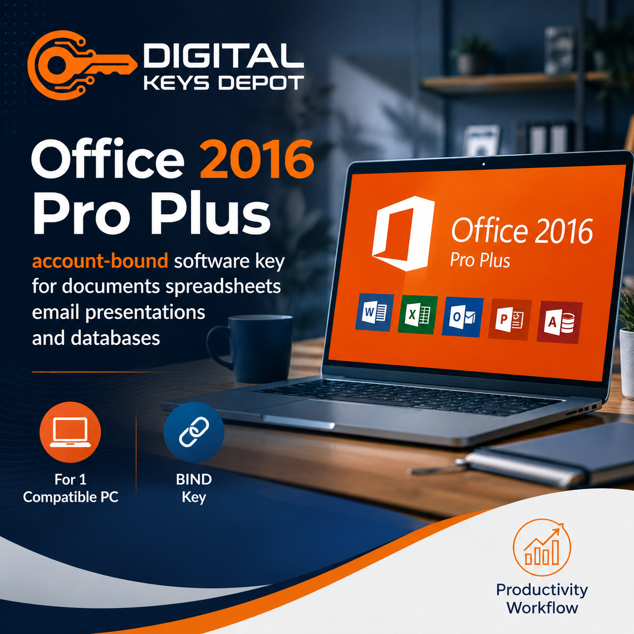 Office 2016 Pro Plus account-bound software key for documents spreadsheets email presentations and databases