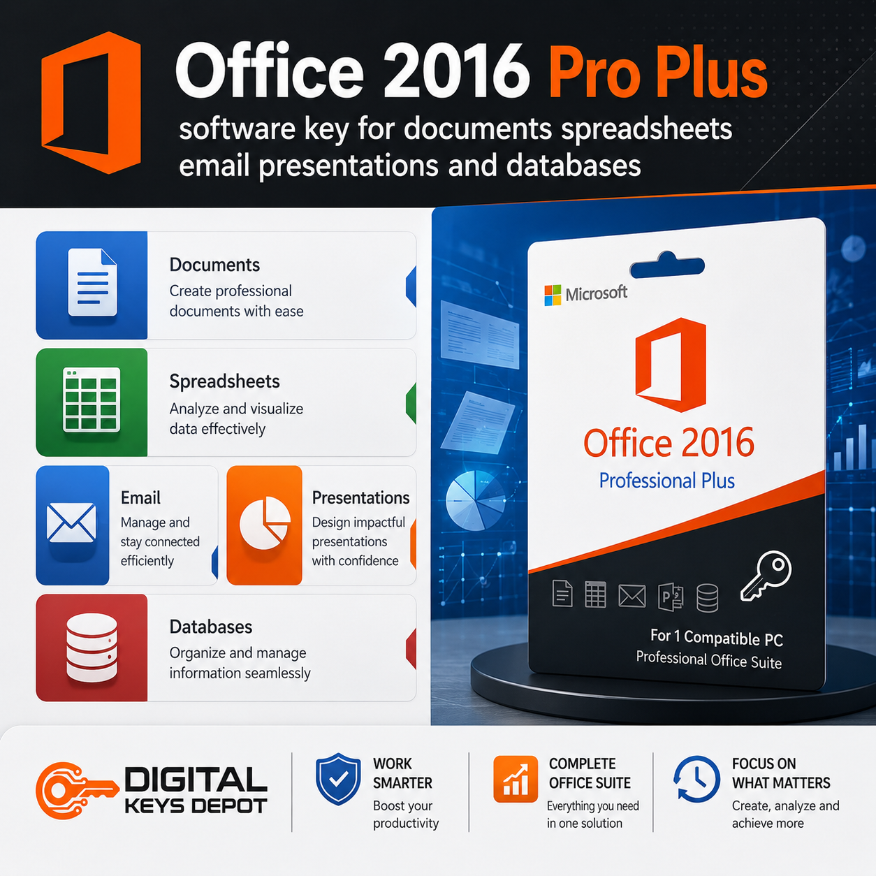 Office 2016 Pro Plus software key for documents spreadsheets email presentations and databases (1 PC)