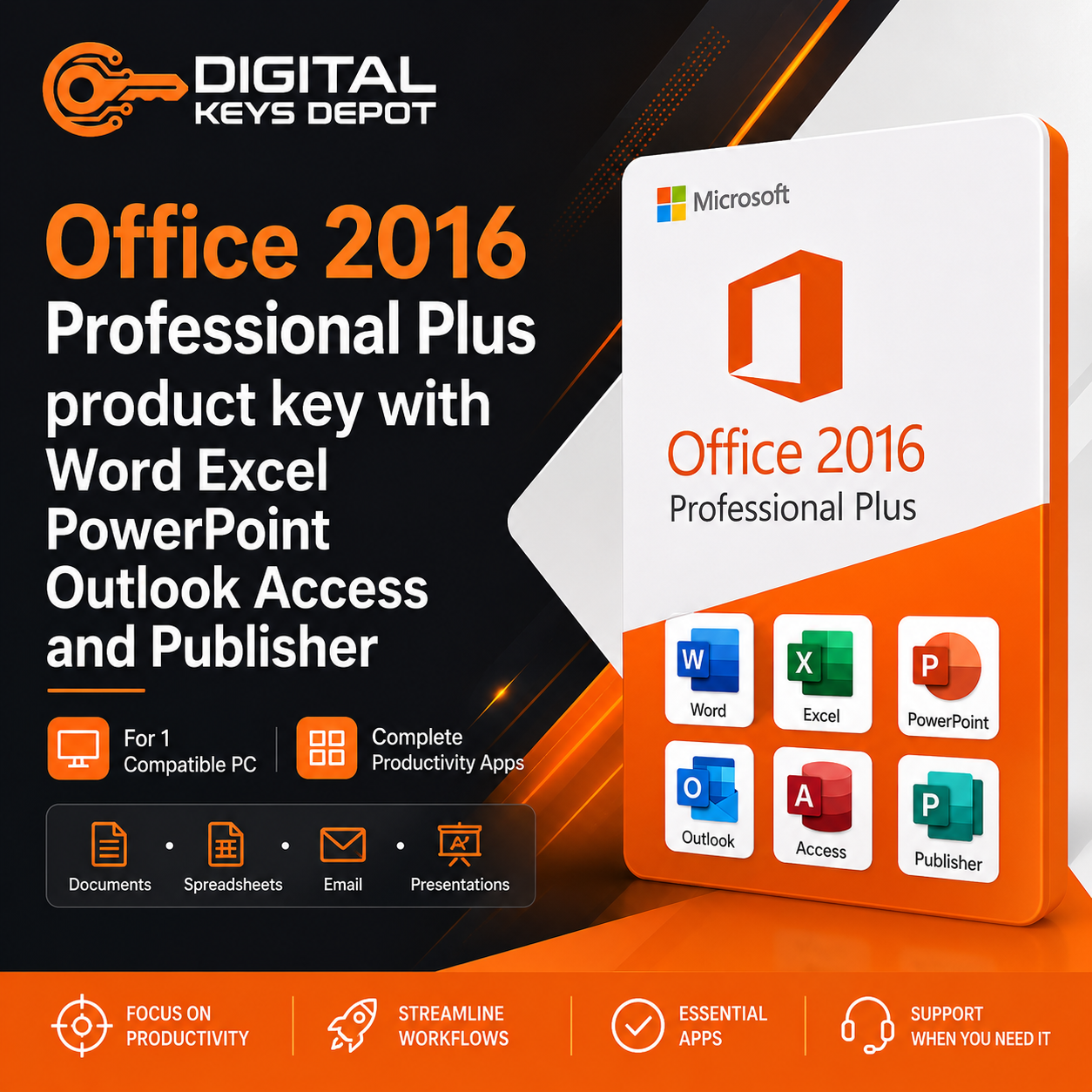 Office 2016 Professional Plus product key with Word Excel PowerPoint Outlook Access and Publisher (1 PC)