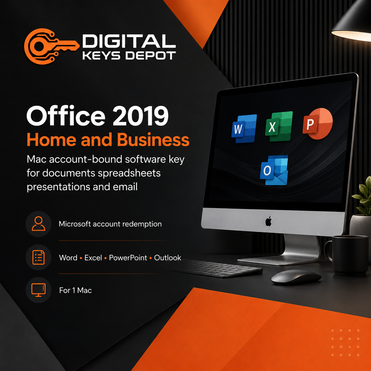 Office 2019 Home and Business Mac account-bound software key for documents spreadsheets presentations and email