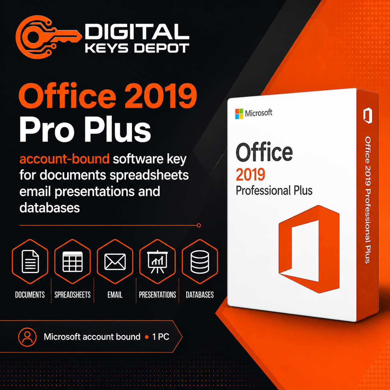 Office 2019 Pro Plus account-bound software key for documents spreadsheets email presentations and databases
