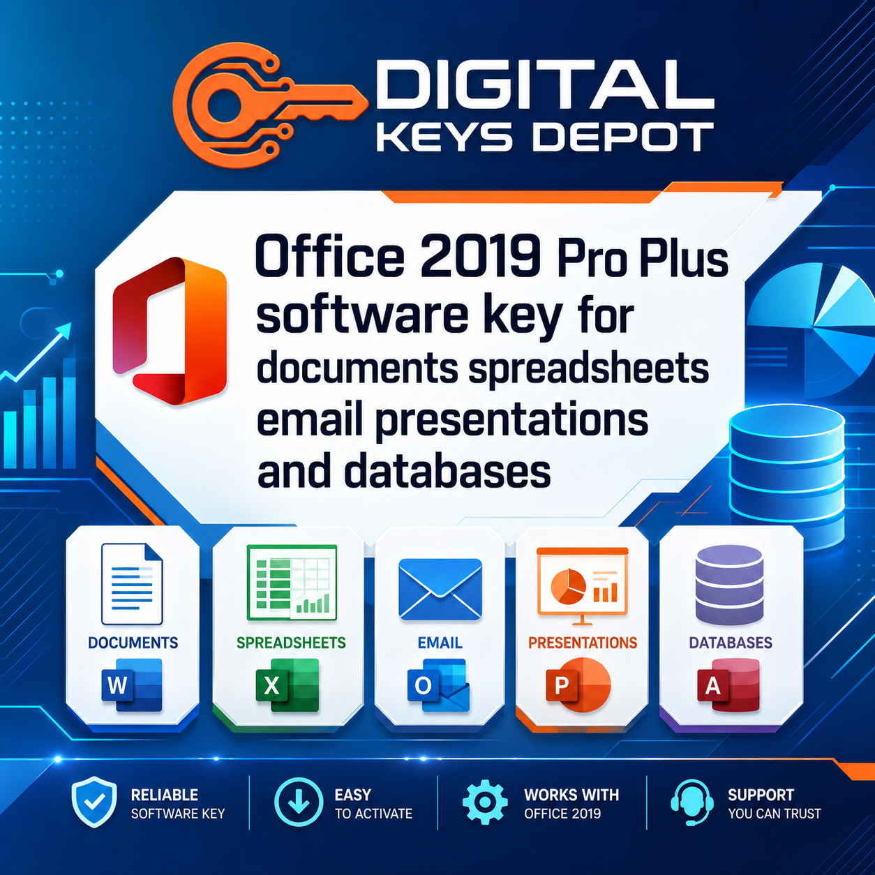 Office 2019 Pro Plus software key for documents spreadsheets email presentations and databases