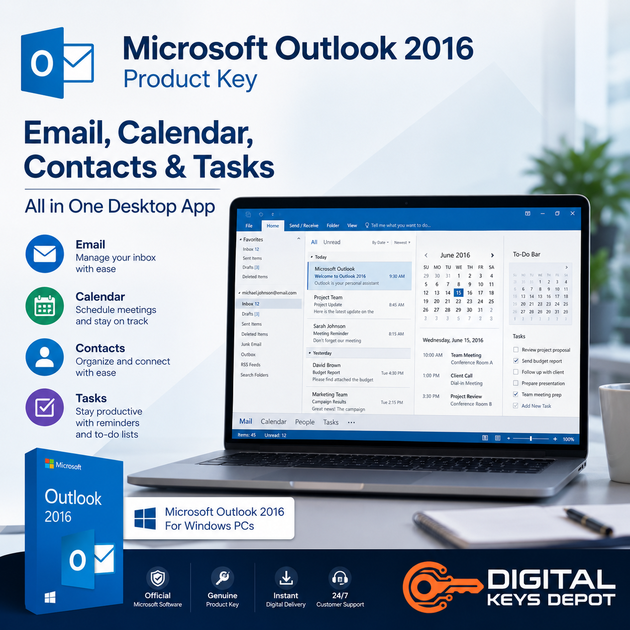 Outlook 2016 email calendar contacts and tasks desktop app