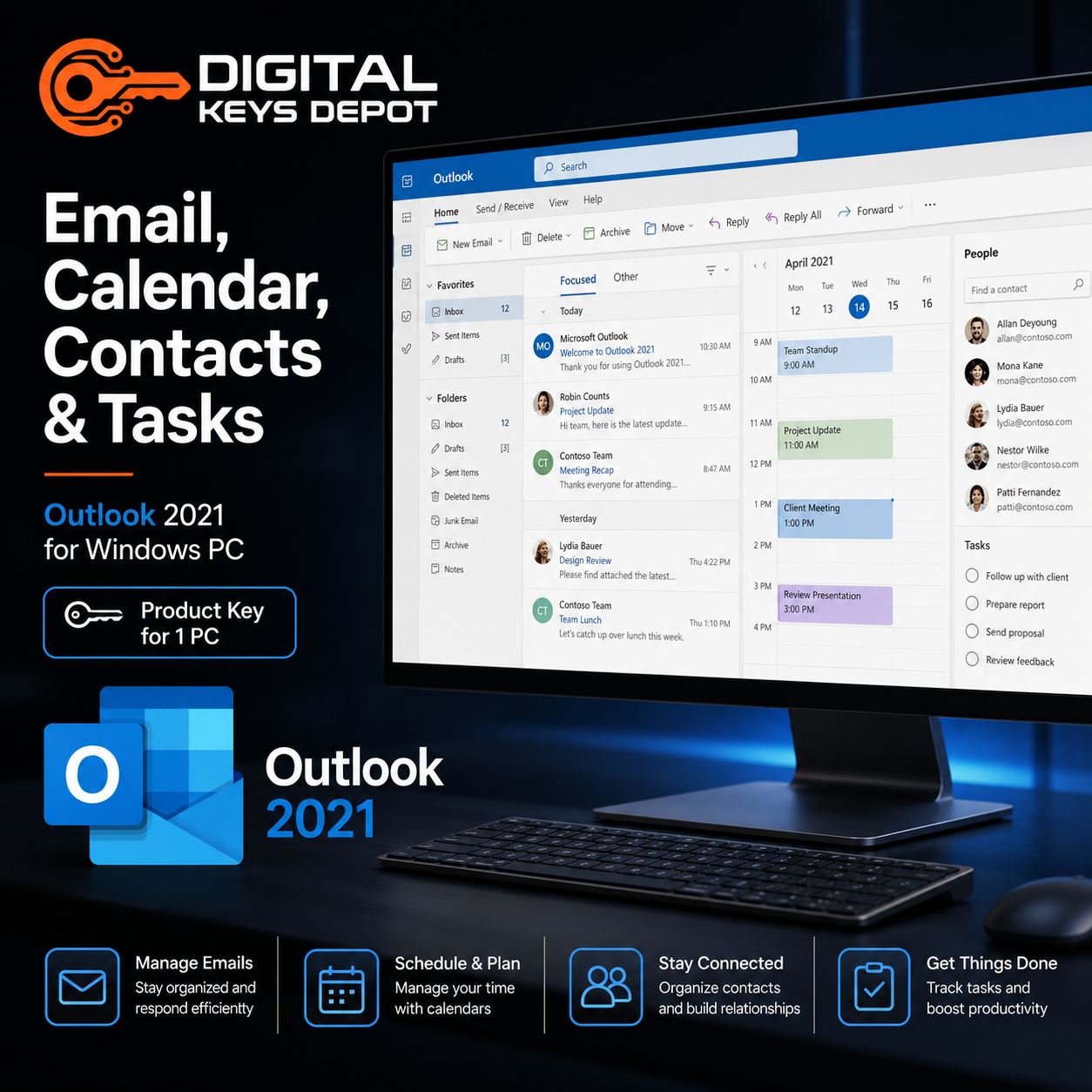 Outlook 2021 for 1 PC email calendar contacts and tasks desktop app