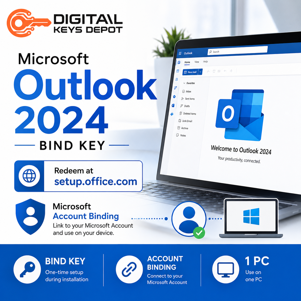Outlook 2024 BIND Key redeem at setup.office.com with Microsoft account