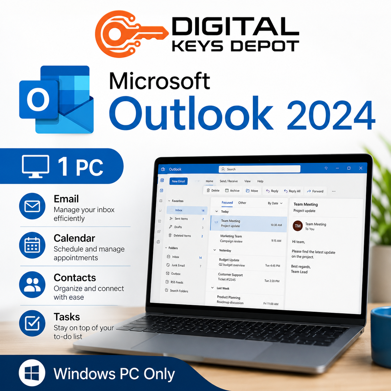 Outlook 2024 email calendar contacts and tasks desktop app for 1 PC