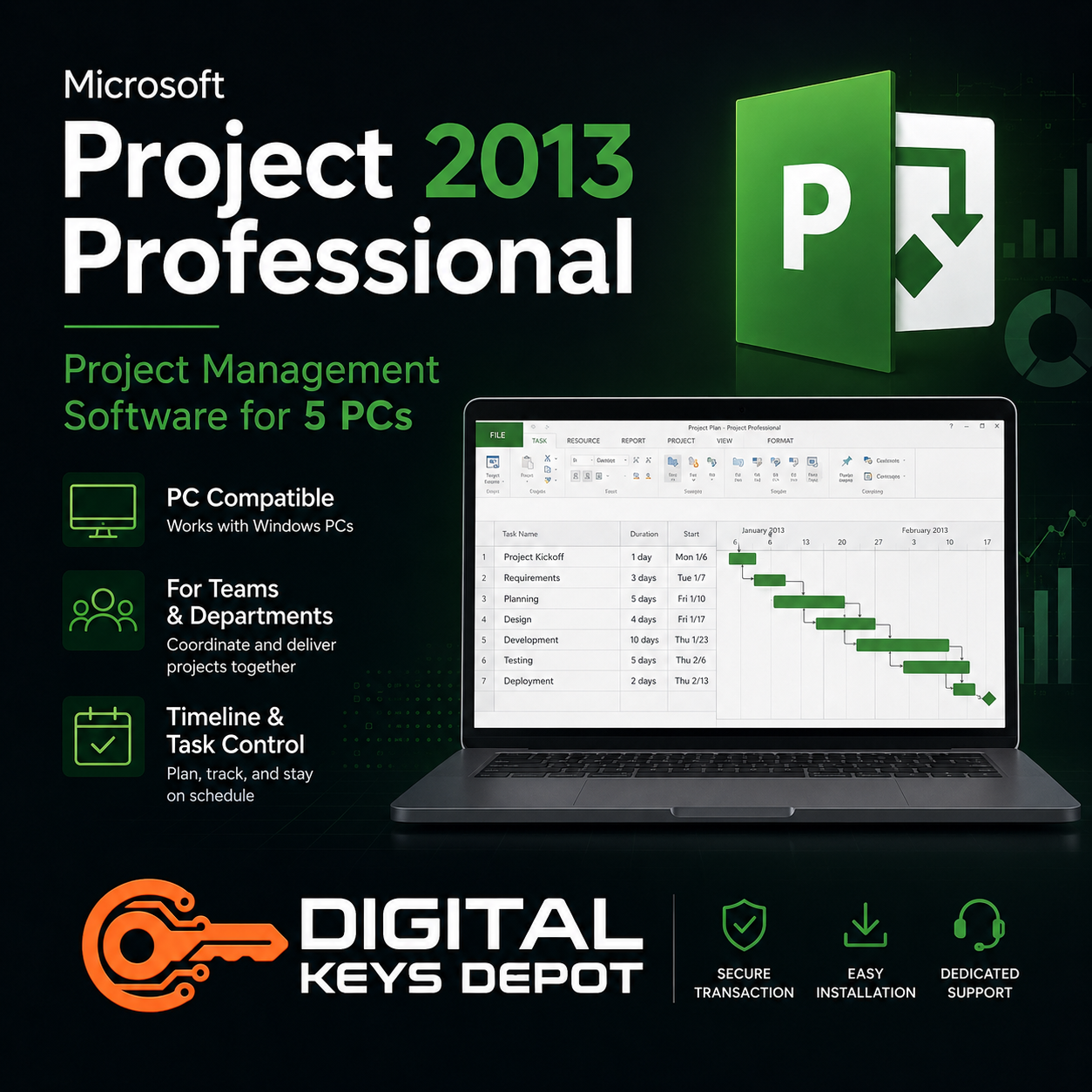 Project 2013 Professional product key for compatible Windows PC project workflows for 5 PCs