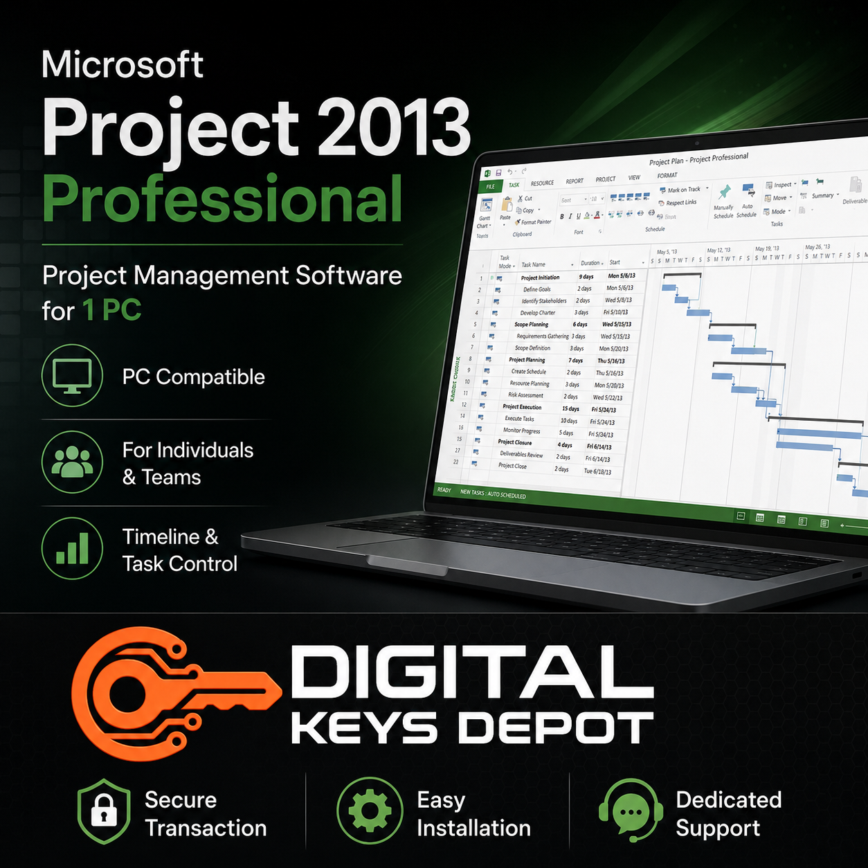 Project 2013 Professional software key for one compatible PC