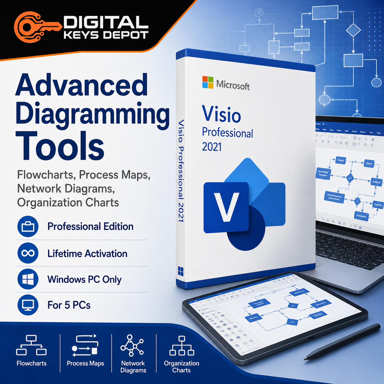 Visio Professional 2021 for 5 PCs diagramming tool for flowcharts network diagrams and process maps