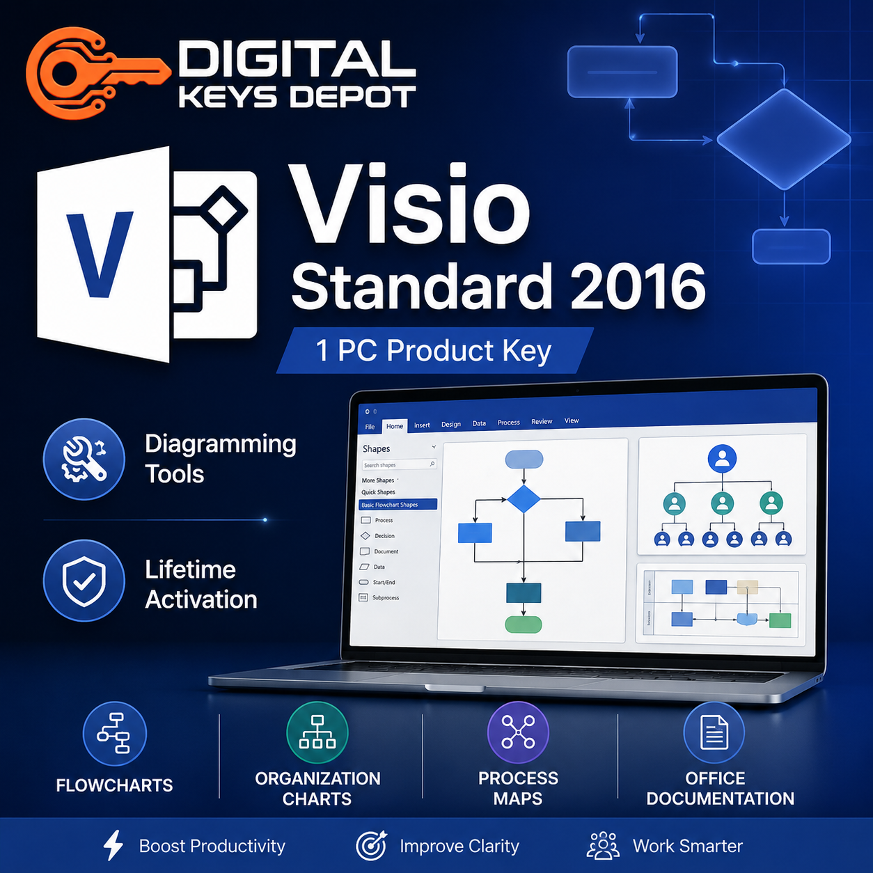 Visio Standard 2016 for 1 PC diagramming tool for flowcharts organization charts and process maps