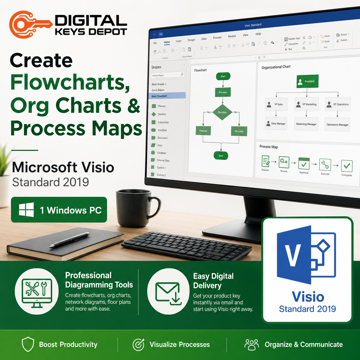 Visio Standard 2019 for 1 PC diagramming tool for flowcharts organization charts and process maps